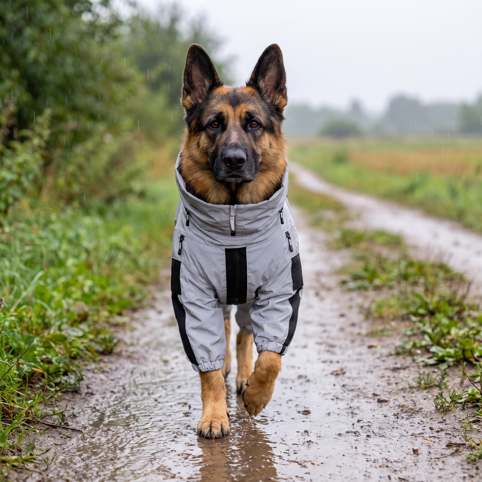Dog walking toward the camera in the Drizzle reflective dog rain coat in the rain