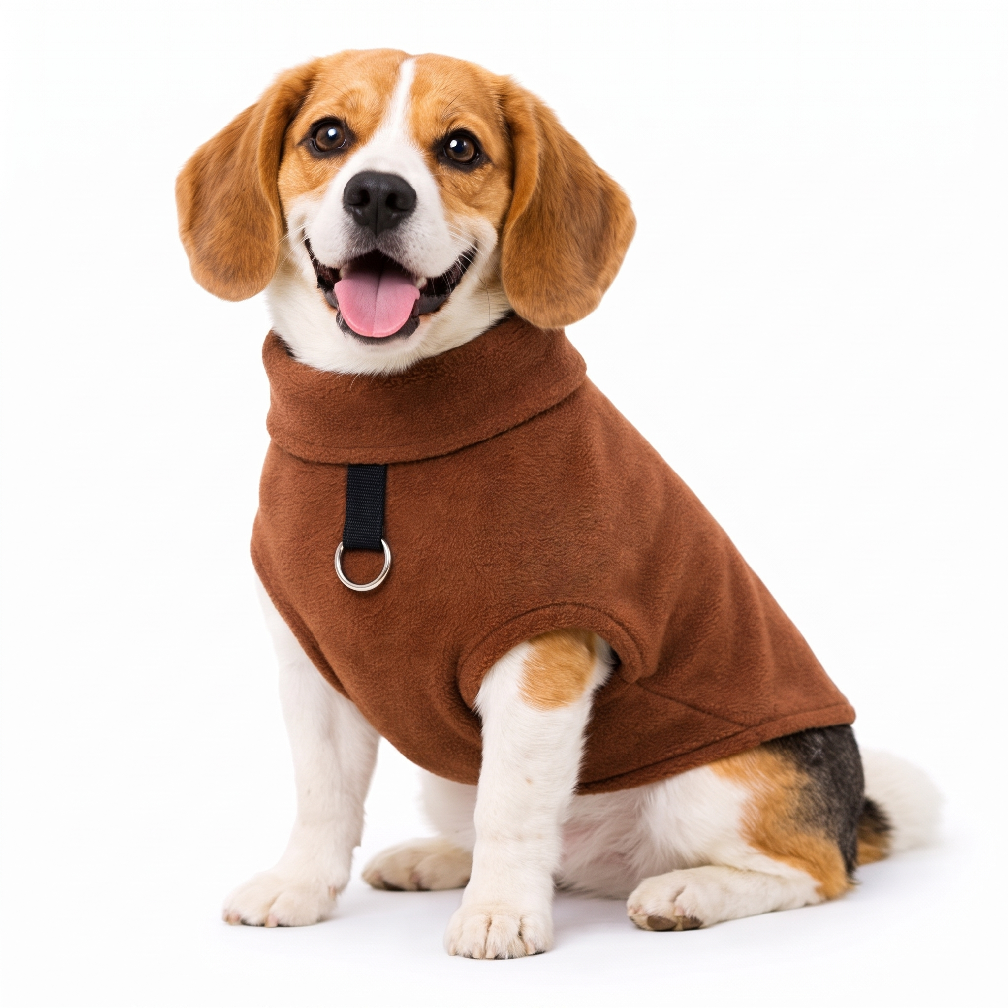 Beagle wearing the brown Toasty fleece dog sweater on a white background