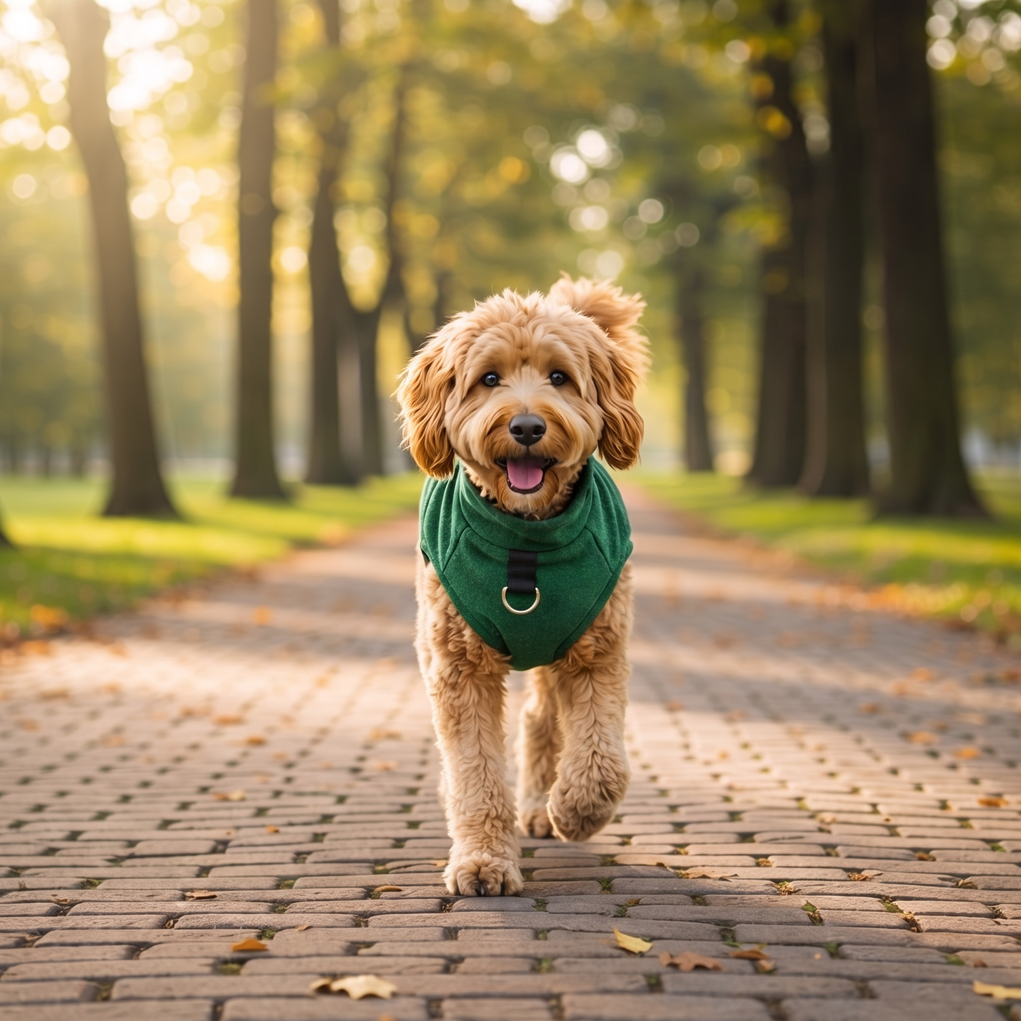 Goldendoodle wearing the green Toasty fleece dog sweater on an autumn park path