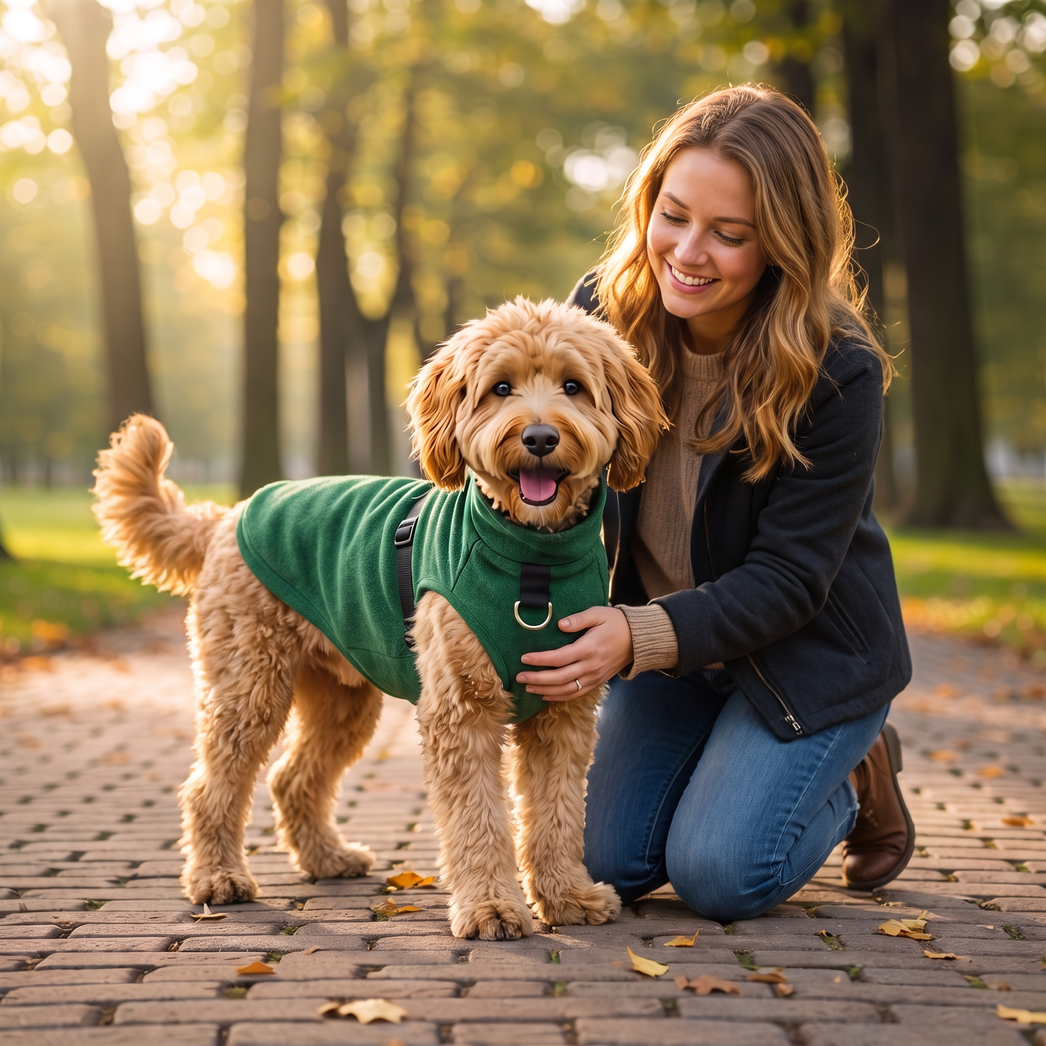 Woman kneeling beside her goldendoodle in the green Toasty fleece dog sweater on an autumn park path