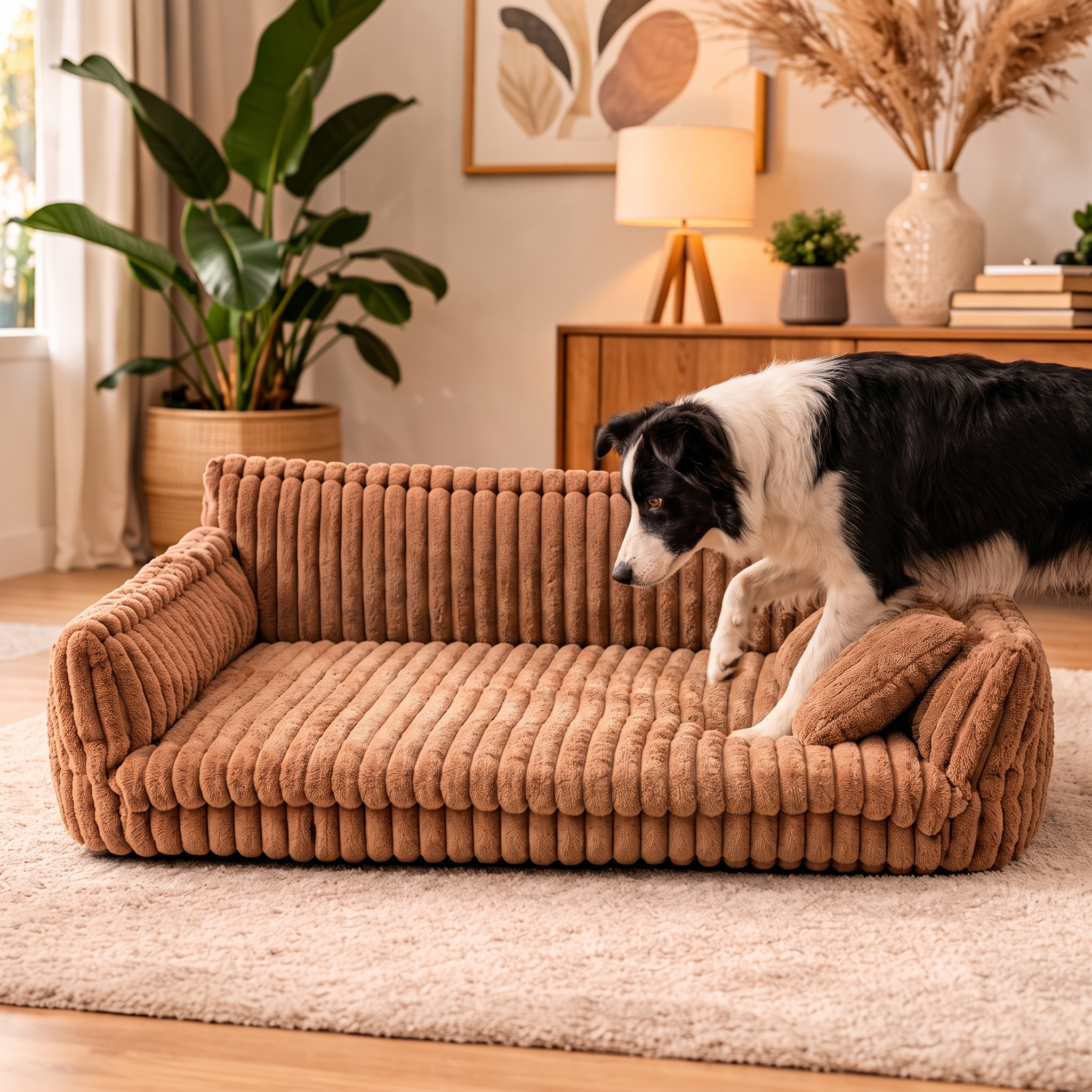 Border collie stepping into the camel Snooze orthopedic dog sofa bed