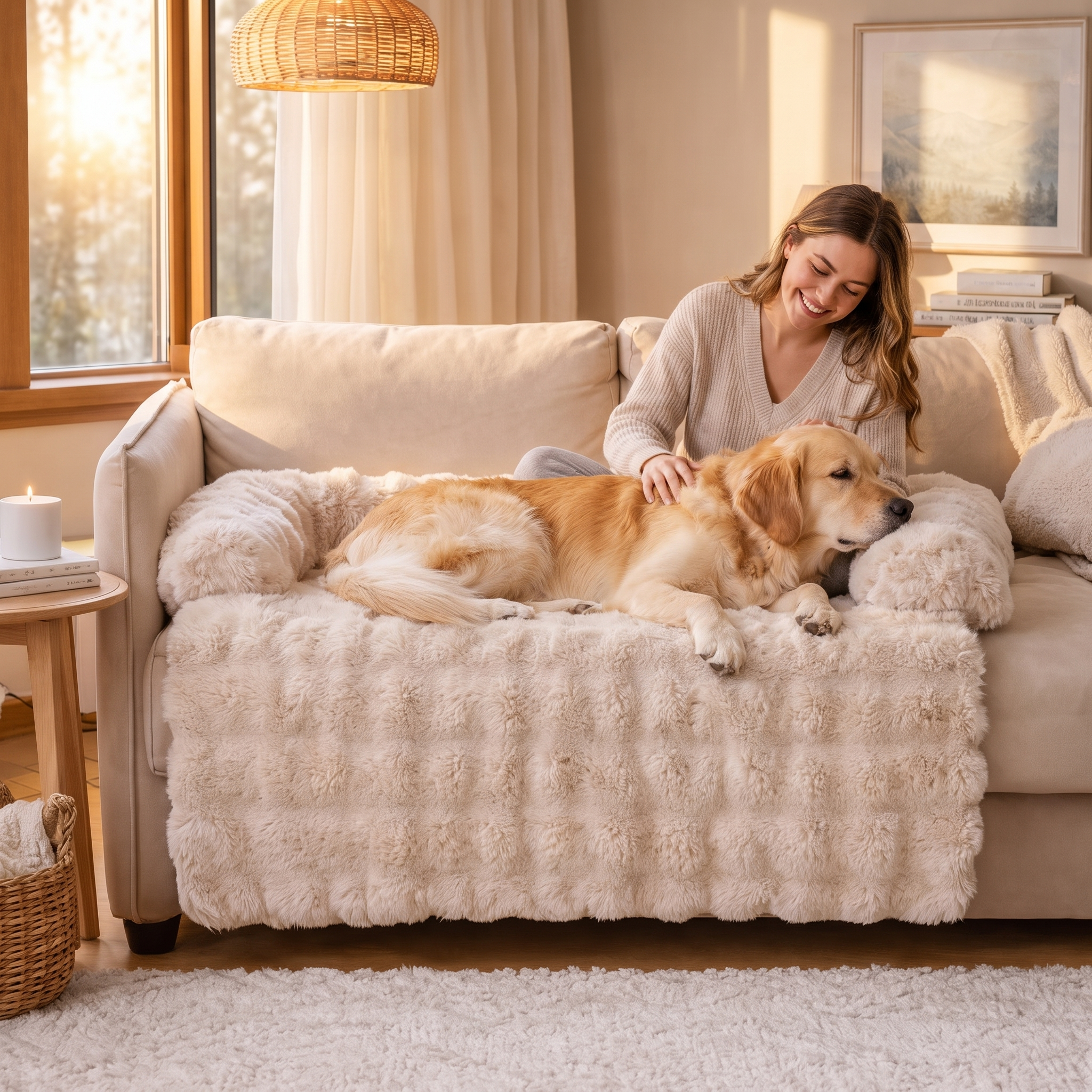 Woman relaxing on the sofa with her dog on the Hush calming dog sofa protector