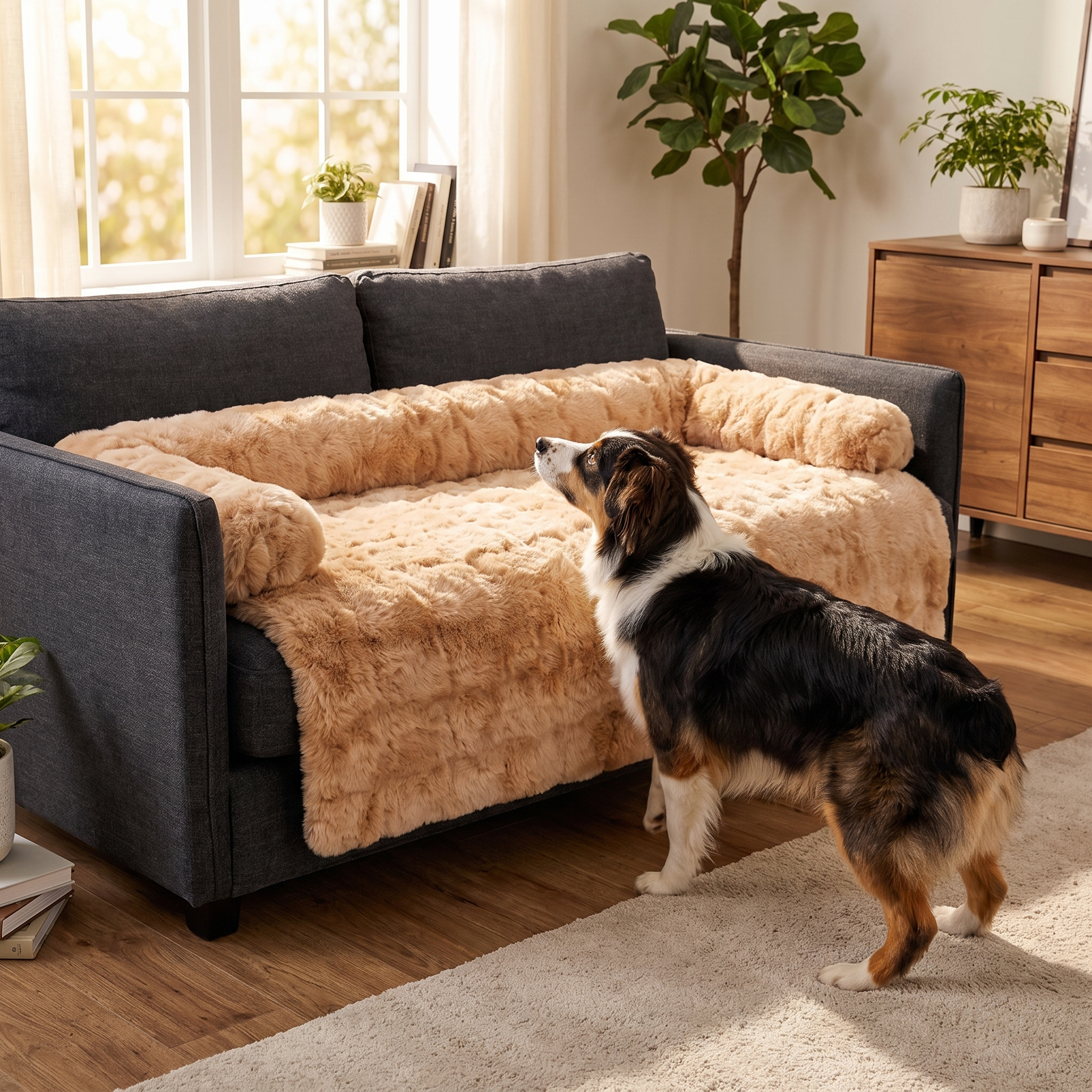 Dog about to hop onto the camel Hush calming dog sofa protector