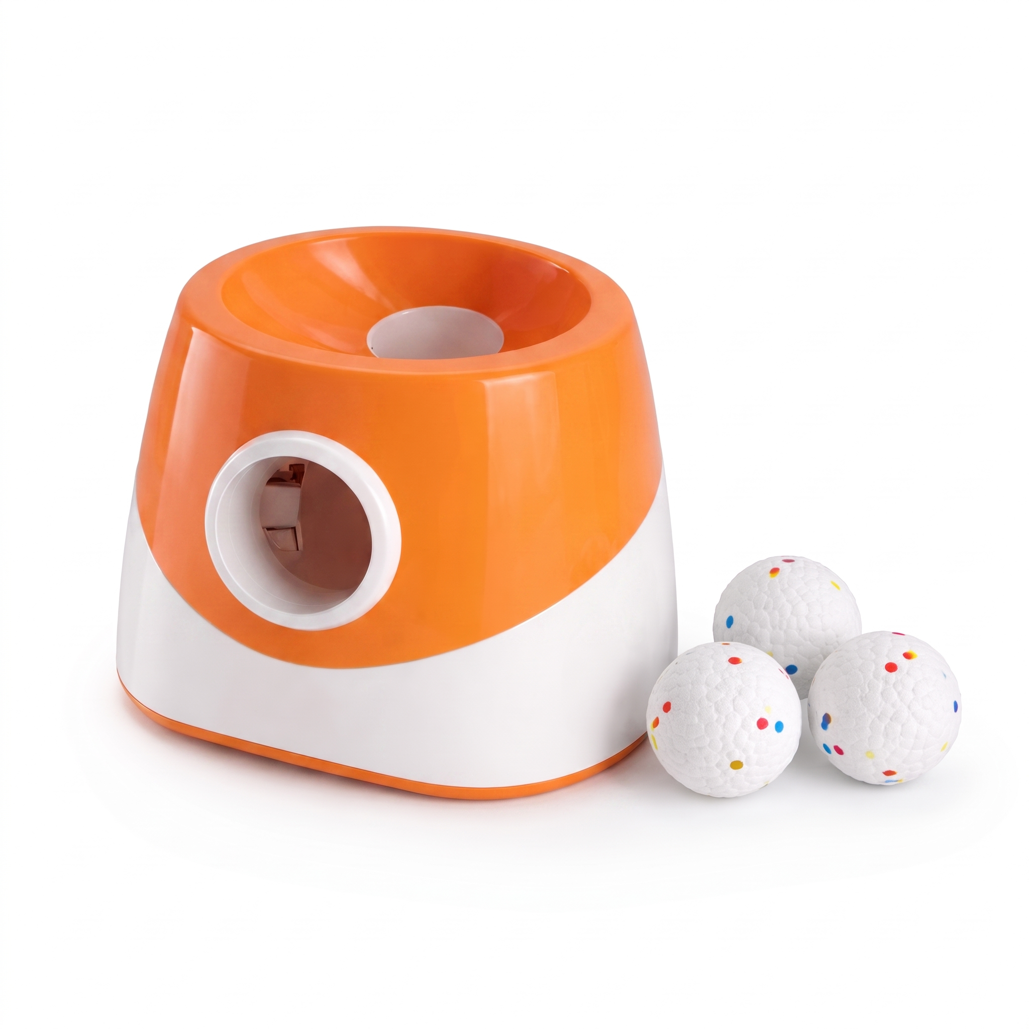 Orange Rally automatic dog ball launcher with dotted balls