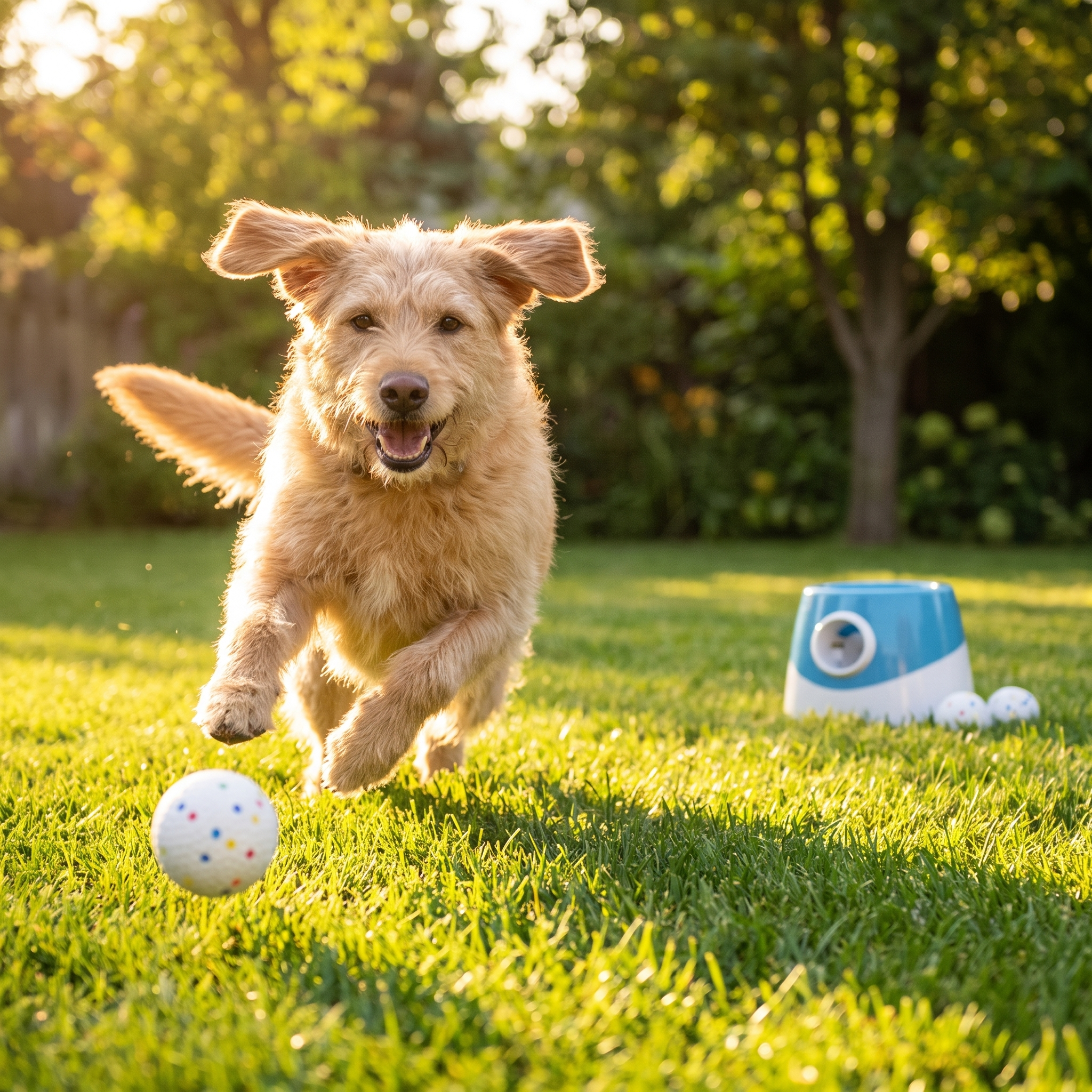 Dog chasing a ball across the lawn from the Rally automatic ball launcher