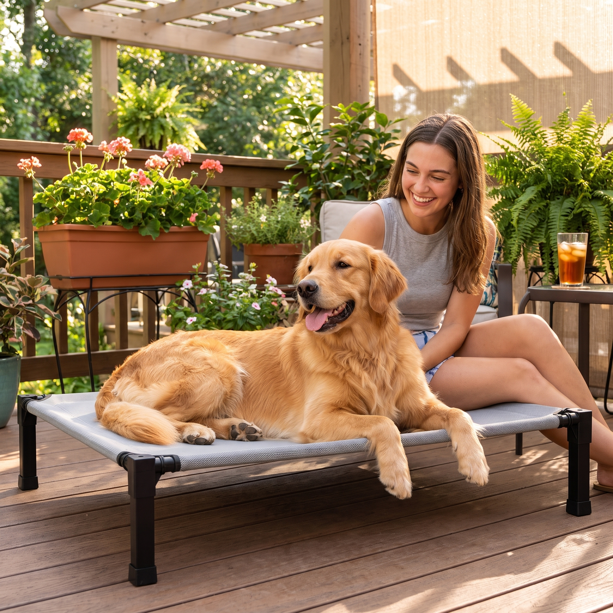 Woman relaxing on a sunny patio with her golden retriever on the Perch elevated cooling dog bed