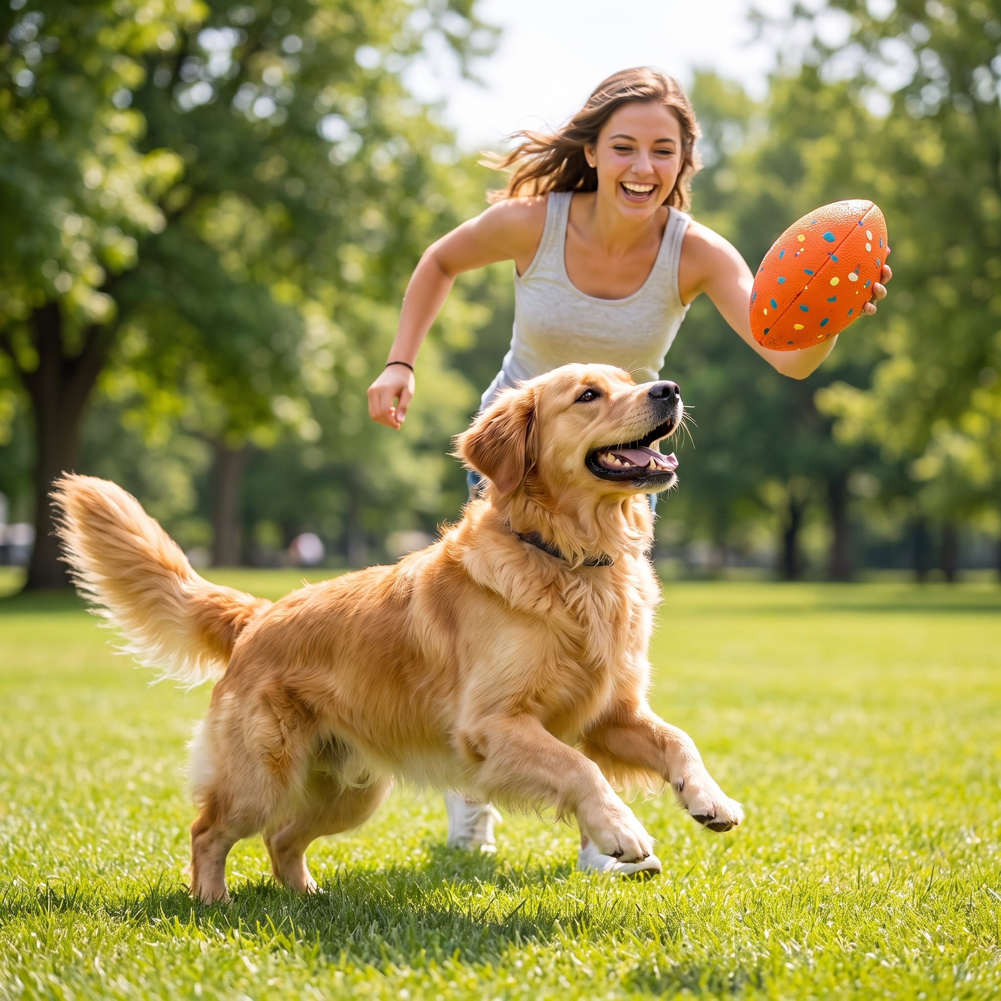 Woman playing fetch with her golden retriever using the orange Blitz Rugged Dog Football in a sunny park