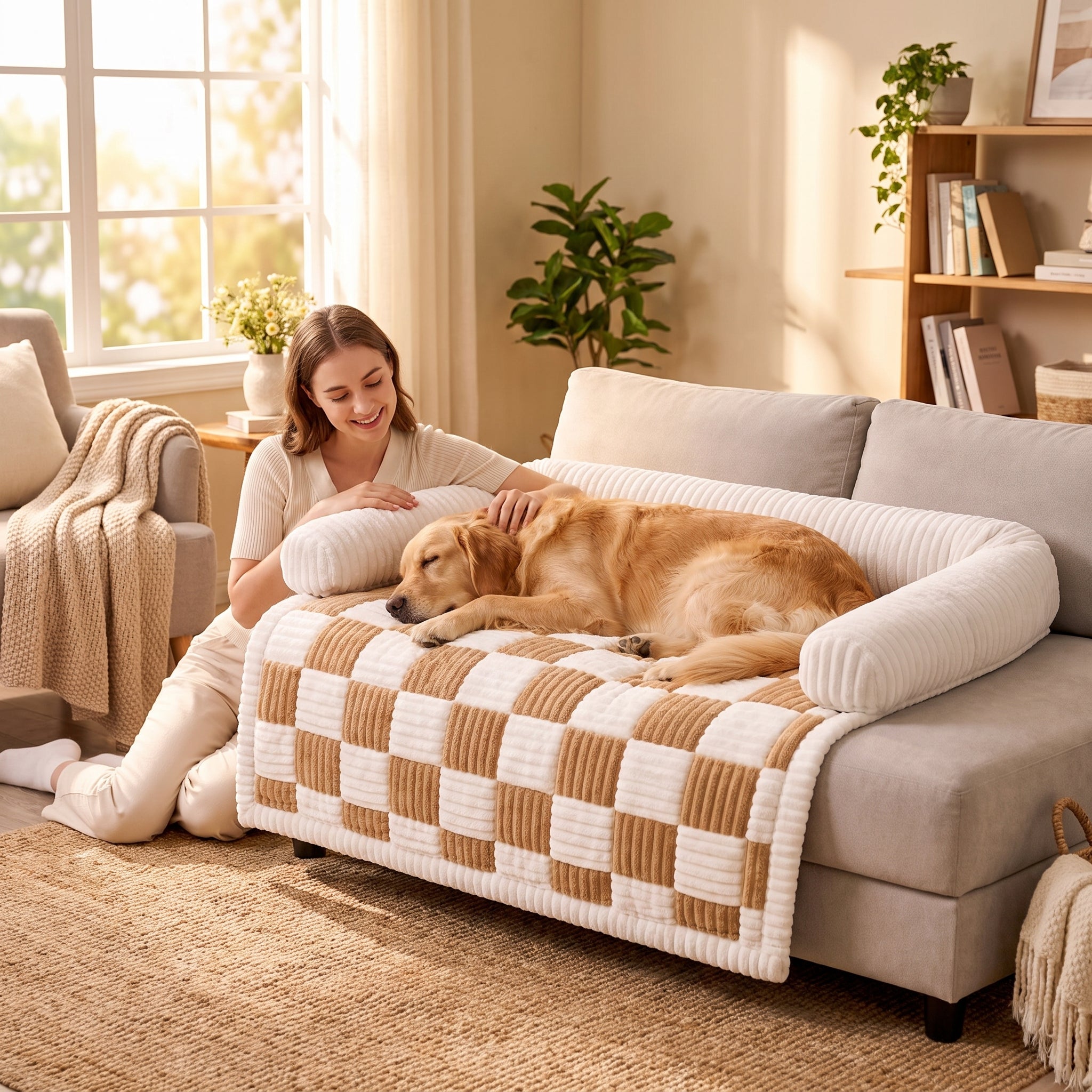 Woman petting her golden retriever resting on the coffee Hearth Checkered Dog Sofa Cover in a sunlit living room