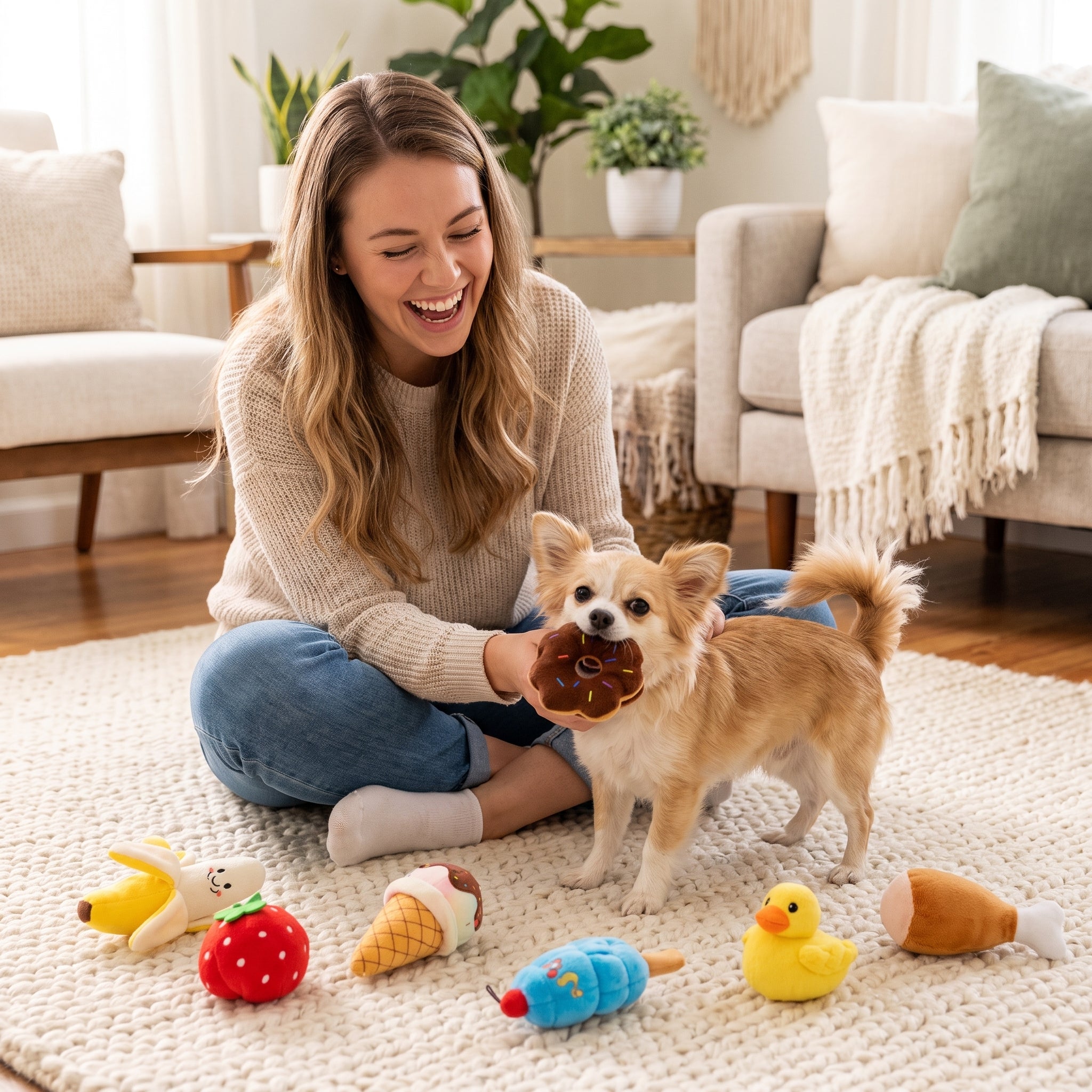 Woman playing on the rug with her puppy and the Picnic Puppy Plush Toy Set