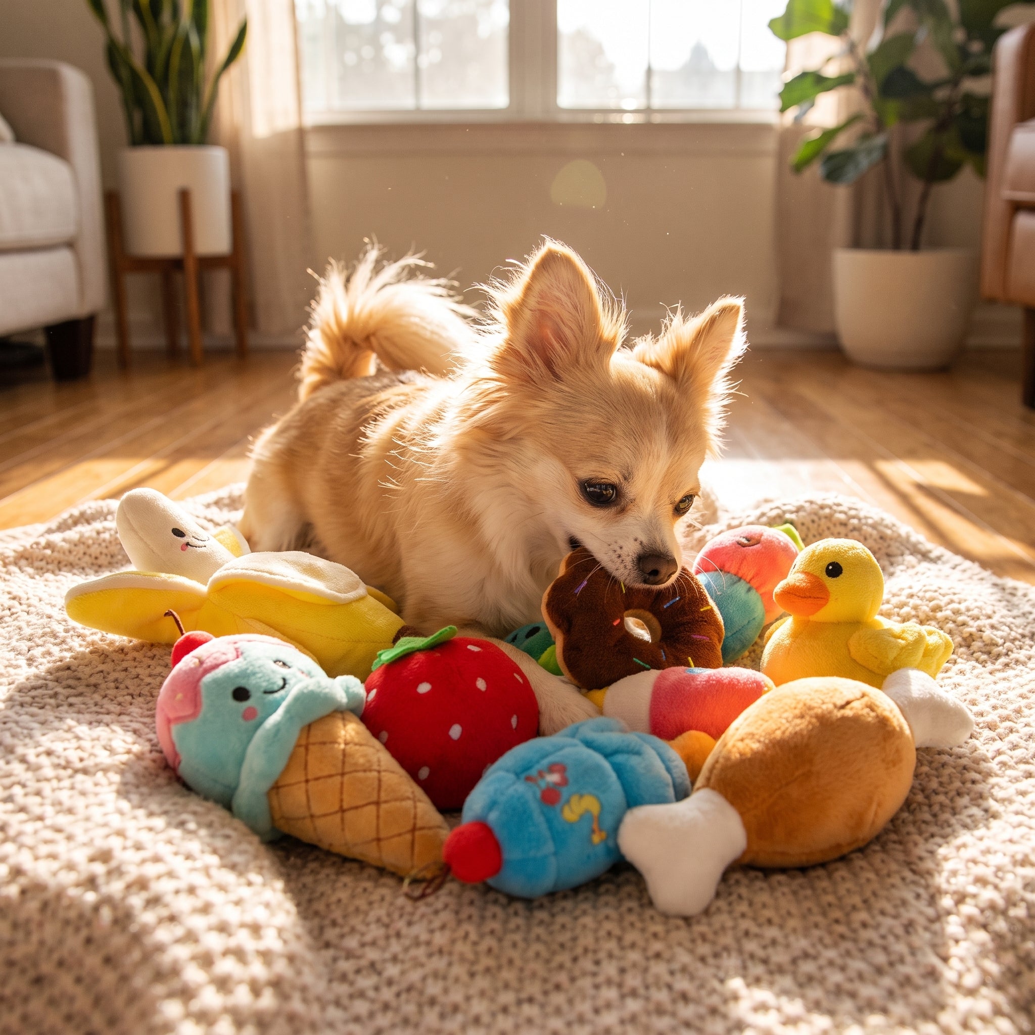 Cozy pile of the Picnic Puppy Plush Toy Set food-shaped squeaky toys on a soft blanket