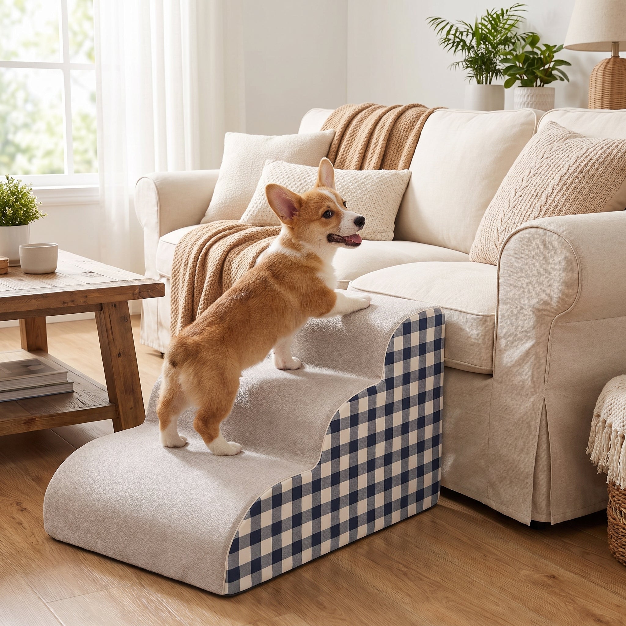 Small dog climbing the blue checkered Hop Foam Dog Stairs up to the couch