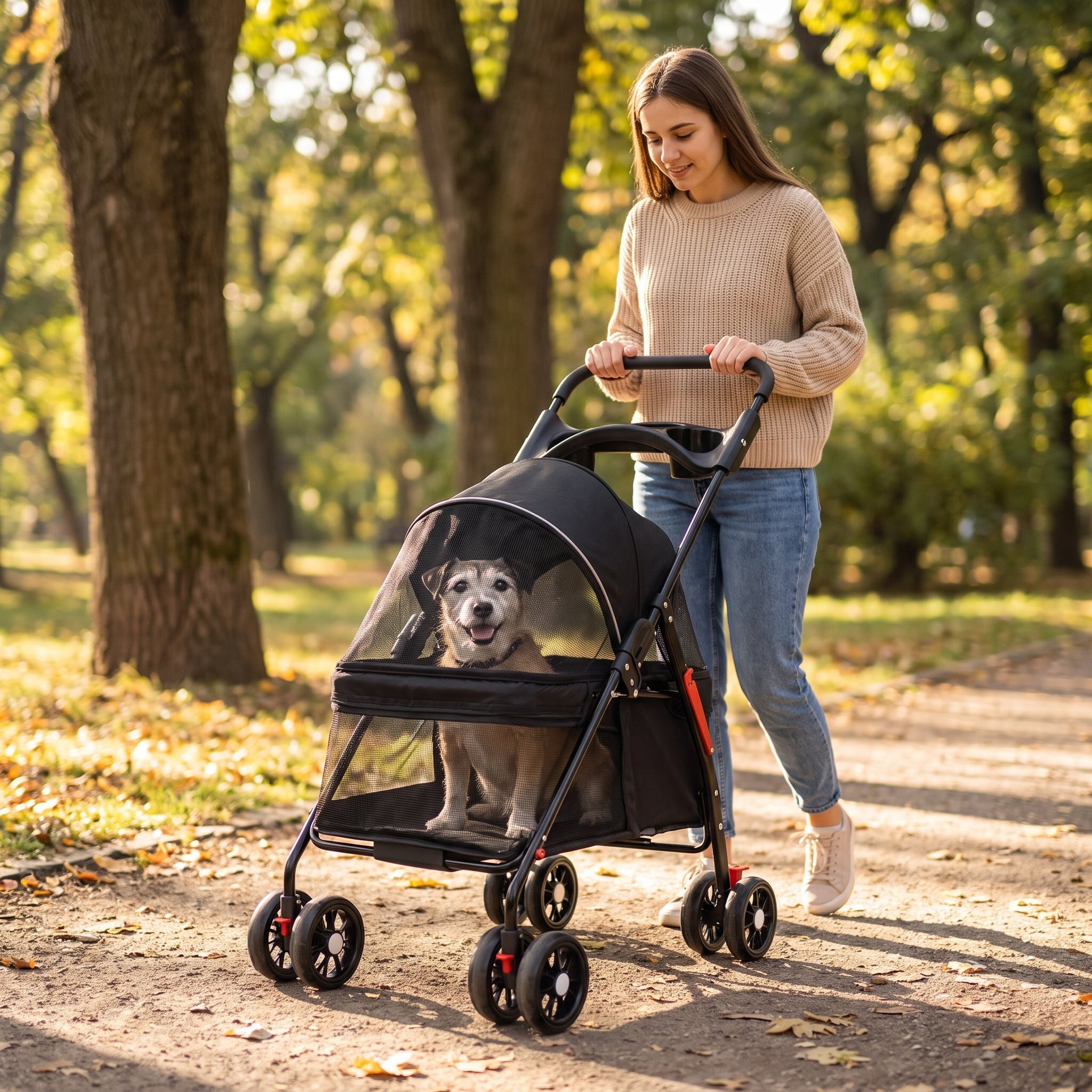 Woman walking a small dog riding in the black Wander Foldable Dog Stroller on a park path