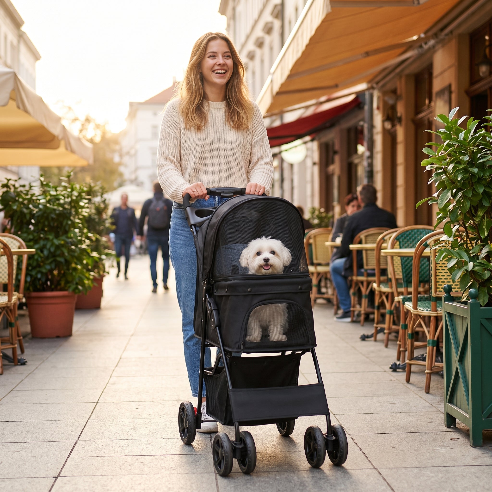 Woman pushing a small dog in the black Wander Foldable Dog Stroller along a city sidewalk