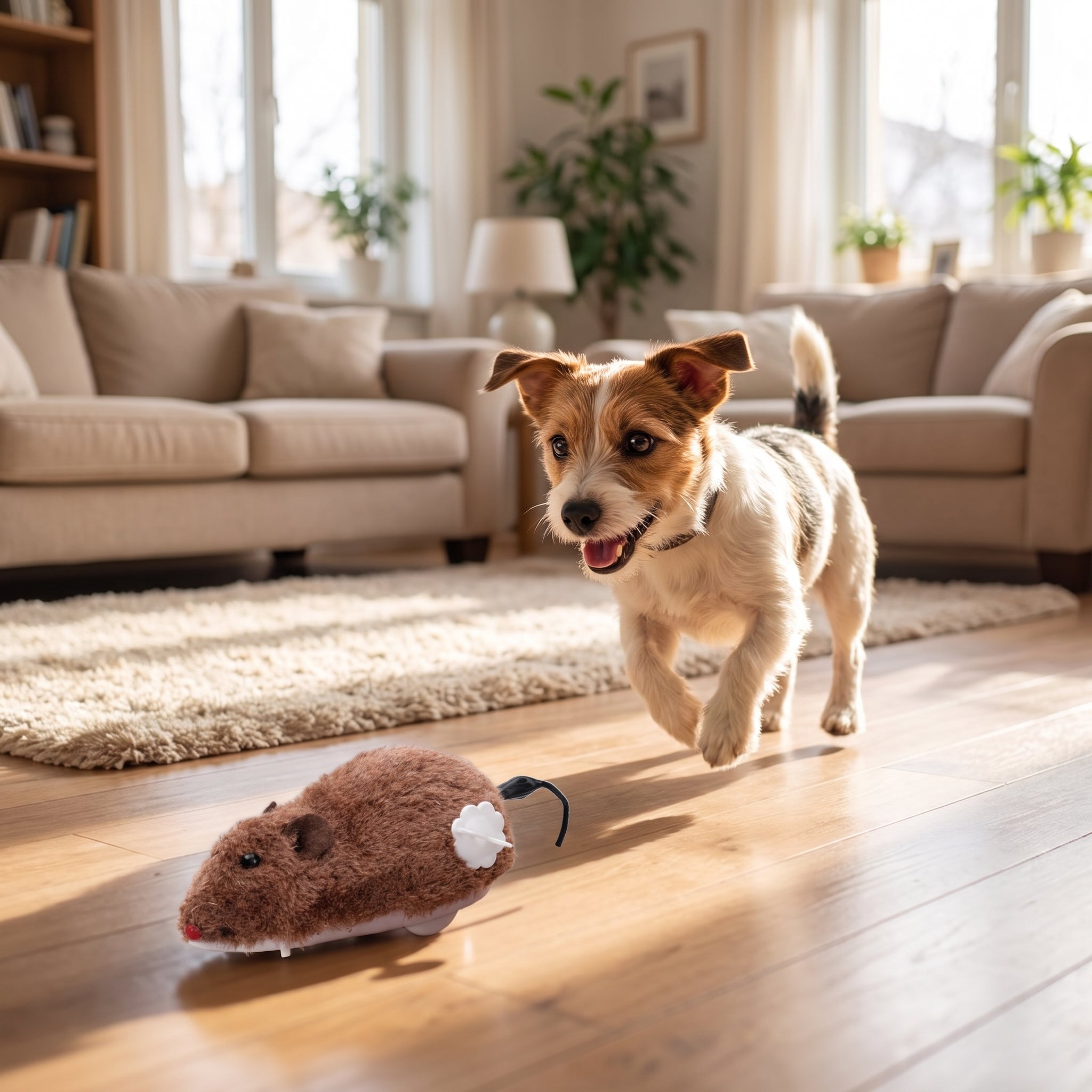 Small dog mid-chase after the Scamper Wind-Up Chase Toy in a living room