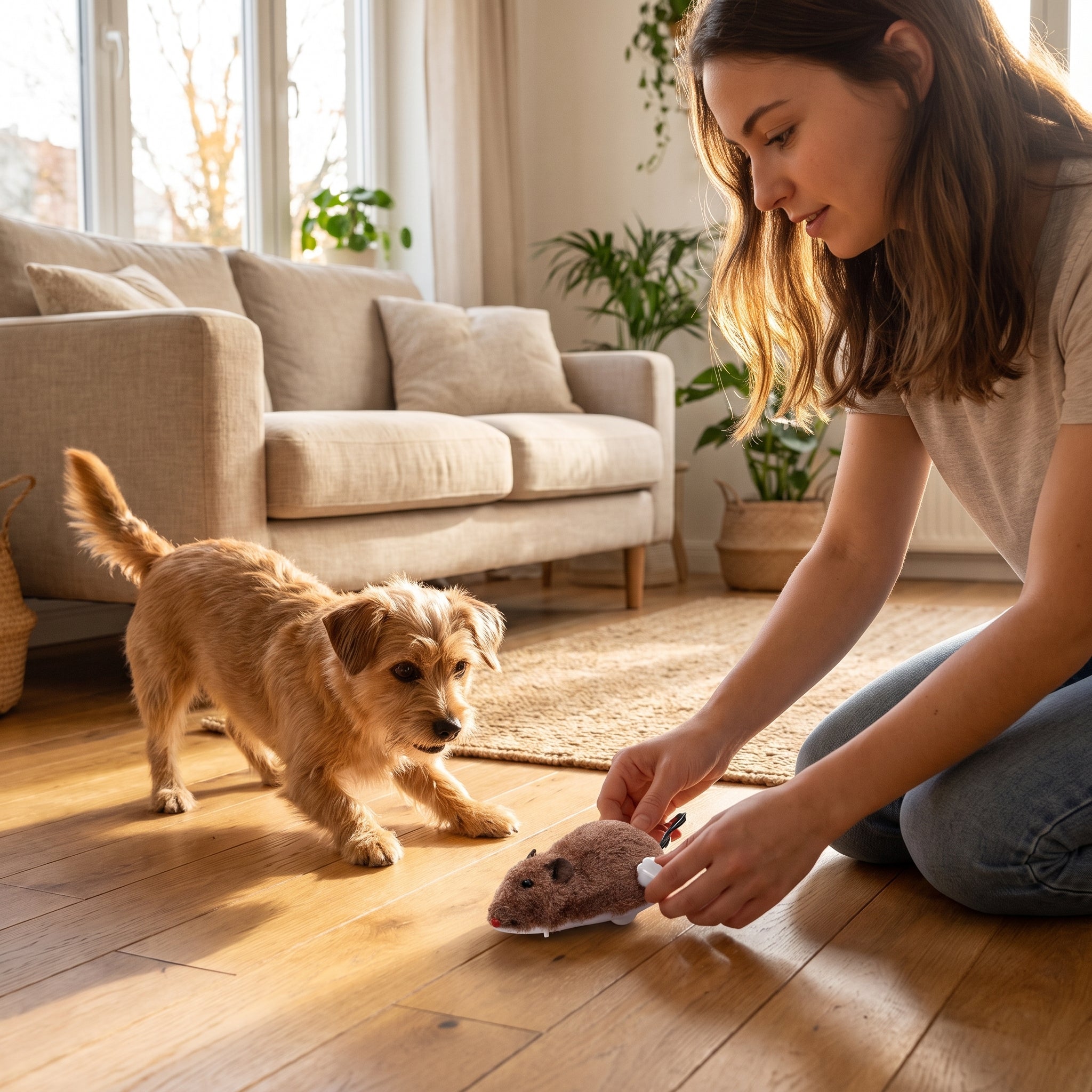 Woman winding the Scamper Chase Toy while her small dog waits to chase