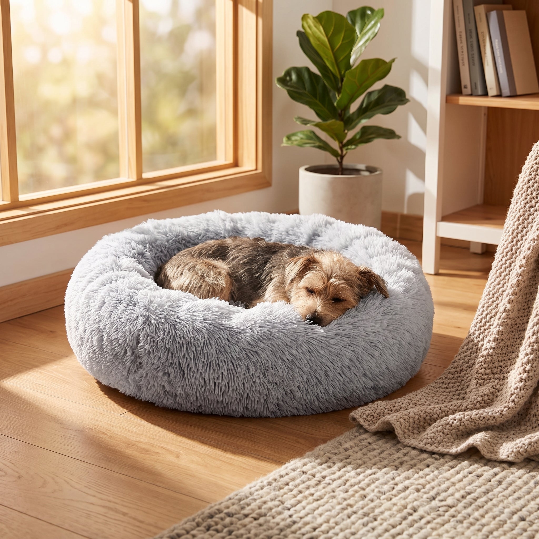 Small dog asleep in the grey Burrow Calming Donut Dog Bed in a sunlit room