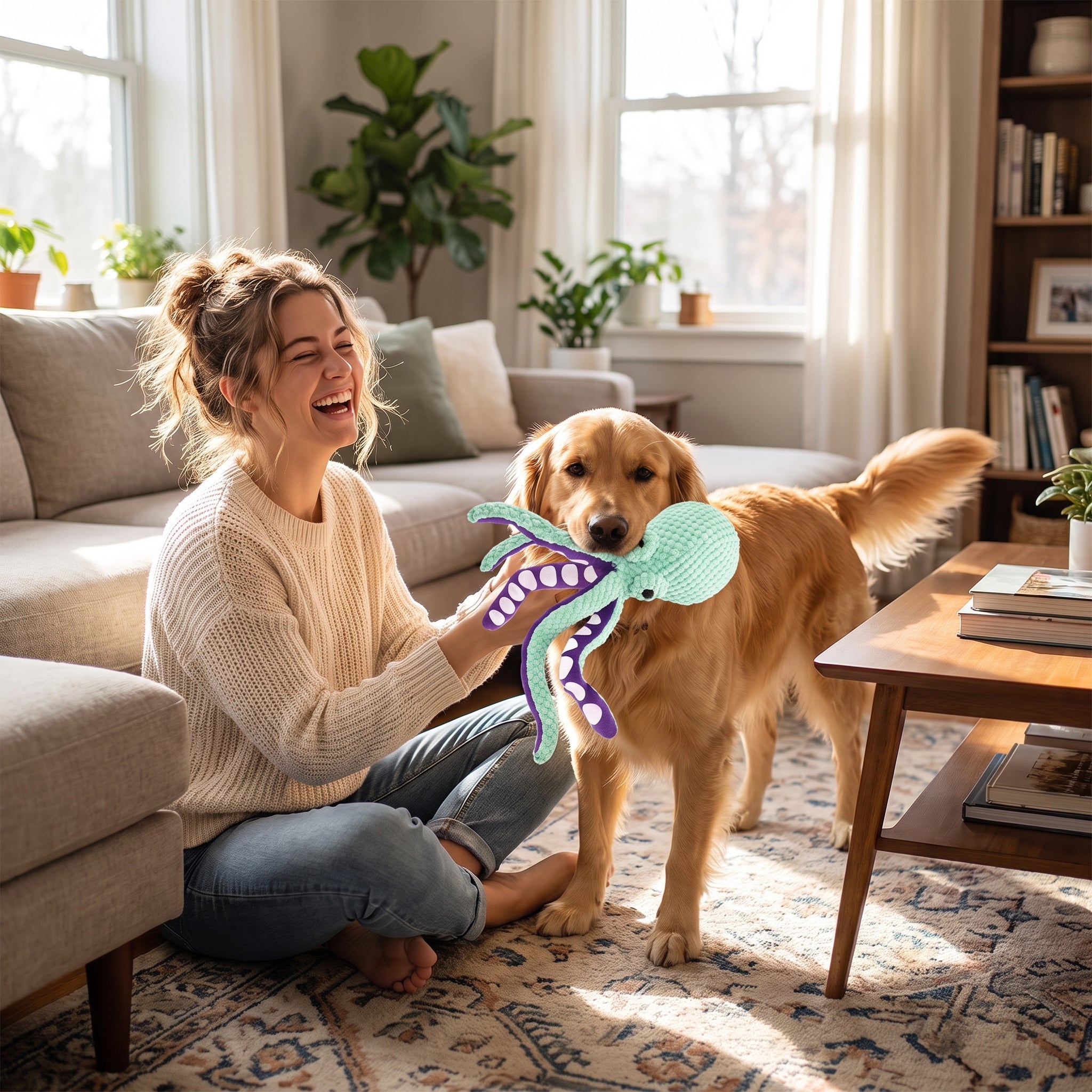 Woman playing with her golden retriever and the Ollie plush octopus dog toy at home