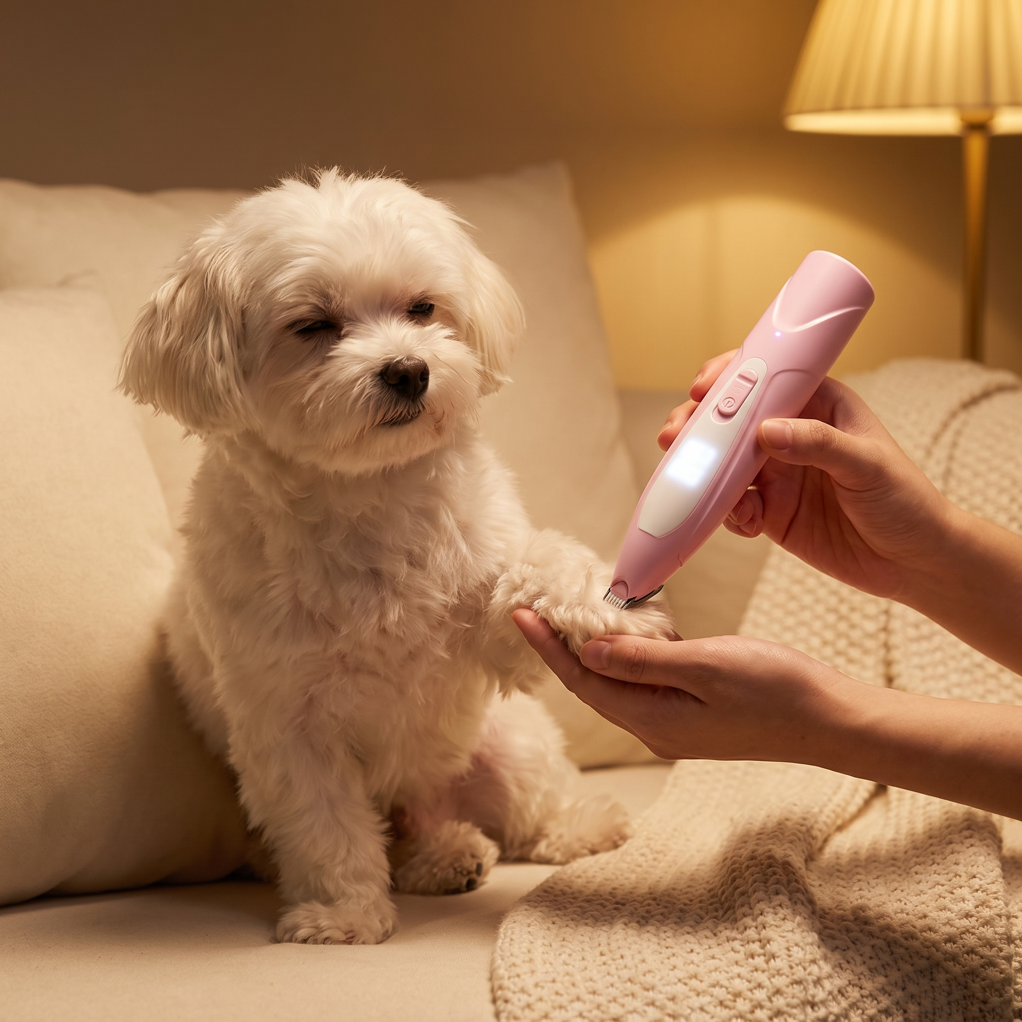 Small dog relaxing on the couch during a paw touch-up with the Pixie LED trimmer