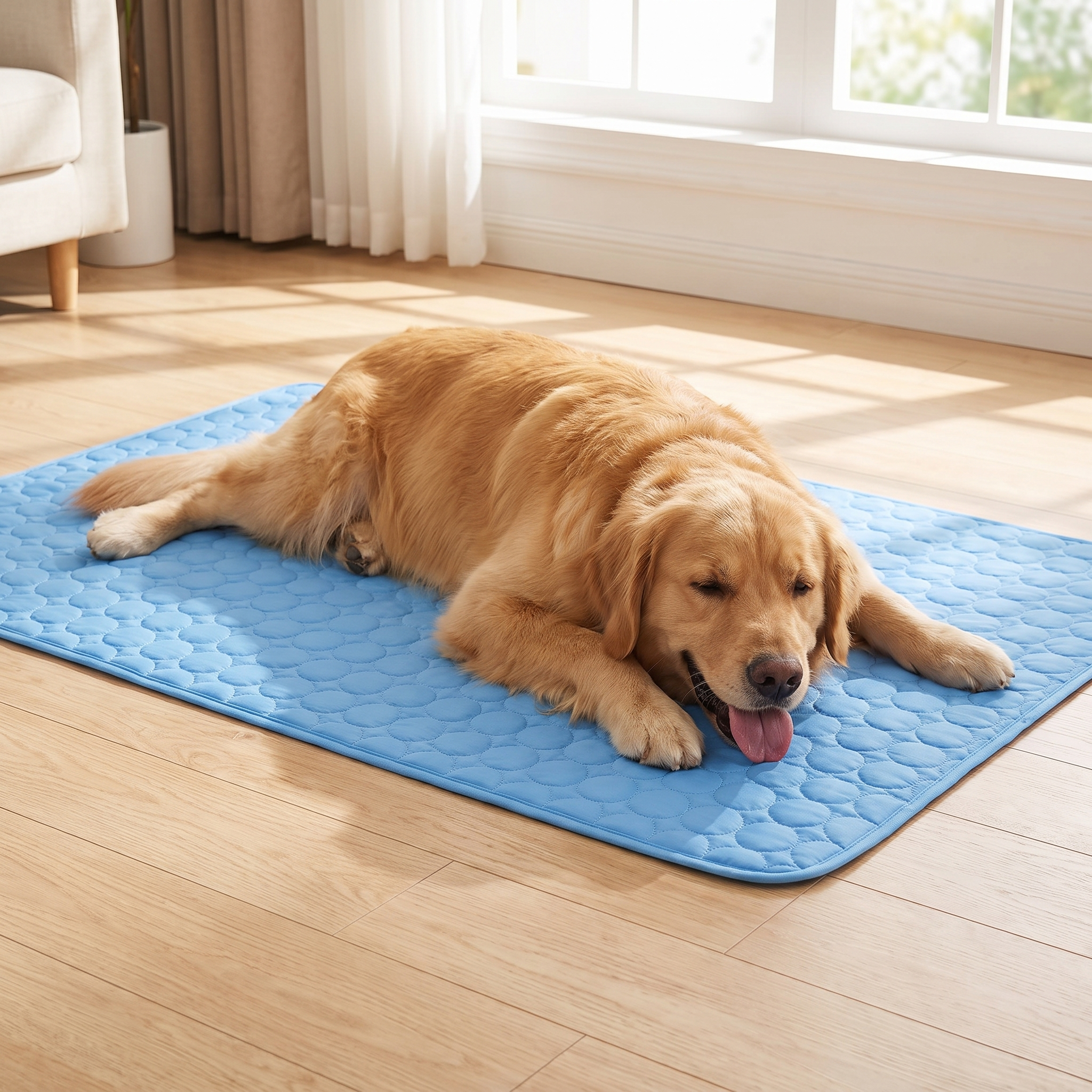 Golden retriever cooling off sprawled on the Shade cooling dog mat