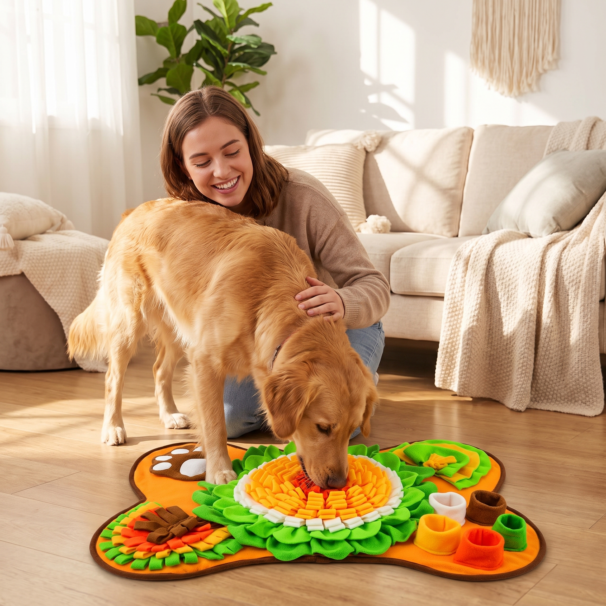 Woman relaxing with her golden retriever and the Truffle snuffle mat at home