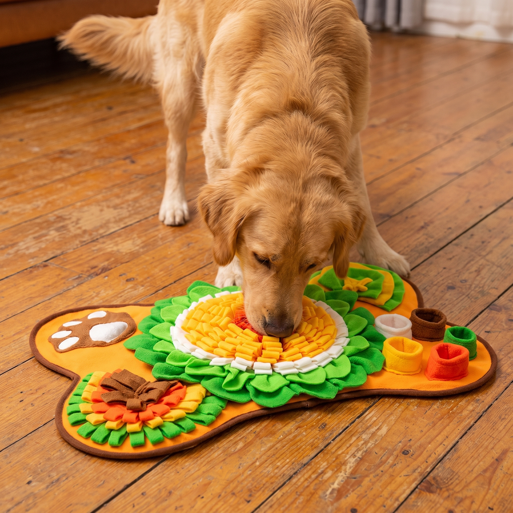 Golden retriever foraging nose-down in the colorful Truffle snuffle dog mat