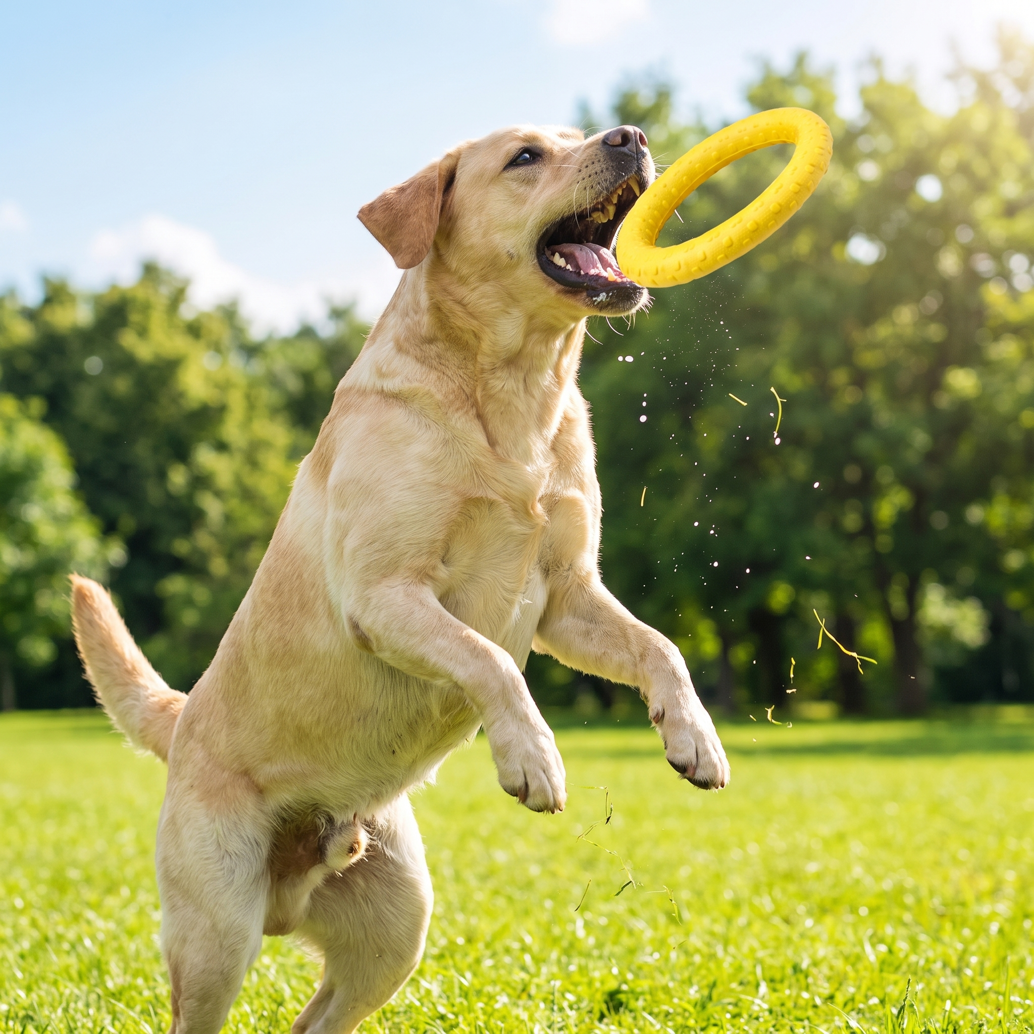 Dog leaping to catch the Romp yellow EVA flying disc outdoors