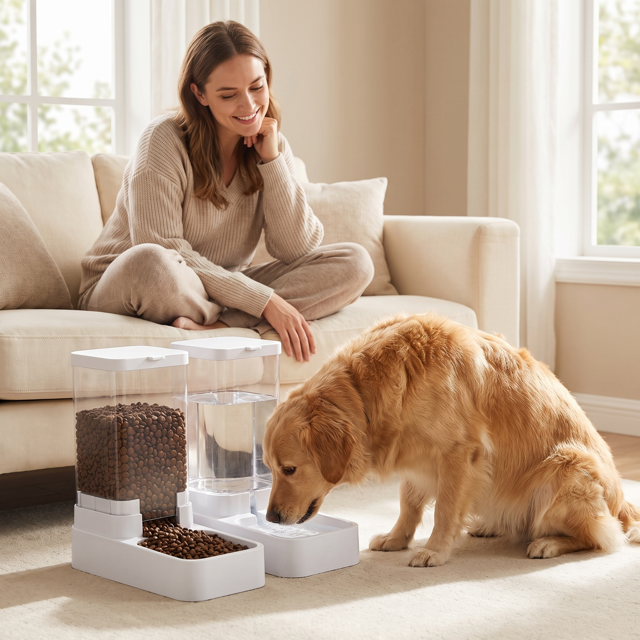 Woman relaxing on a sofa while her dog eats from the Fount gravity dog feeder