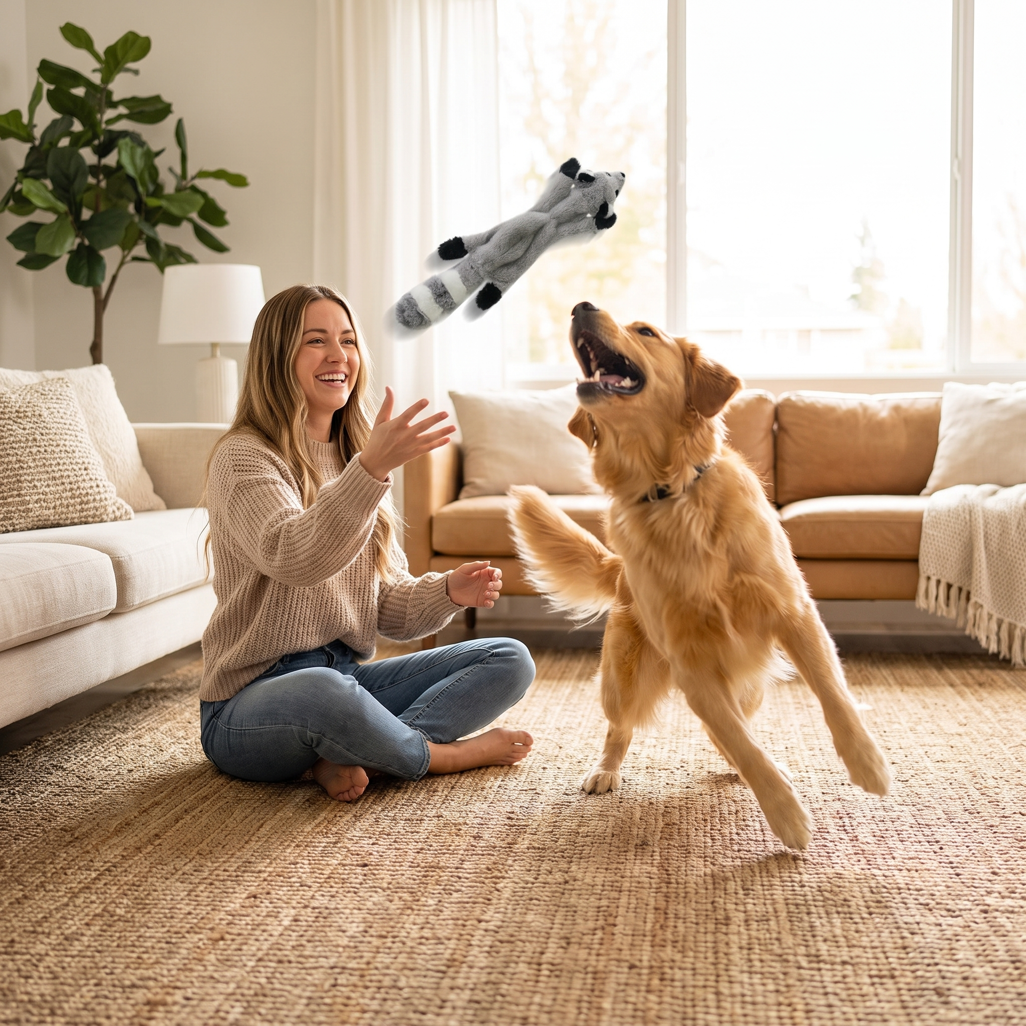Dog leaping to catch a Rascal crinkle squeaky dog toy tossed by a woman