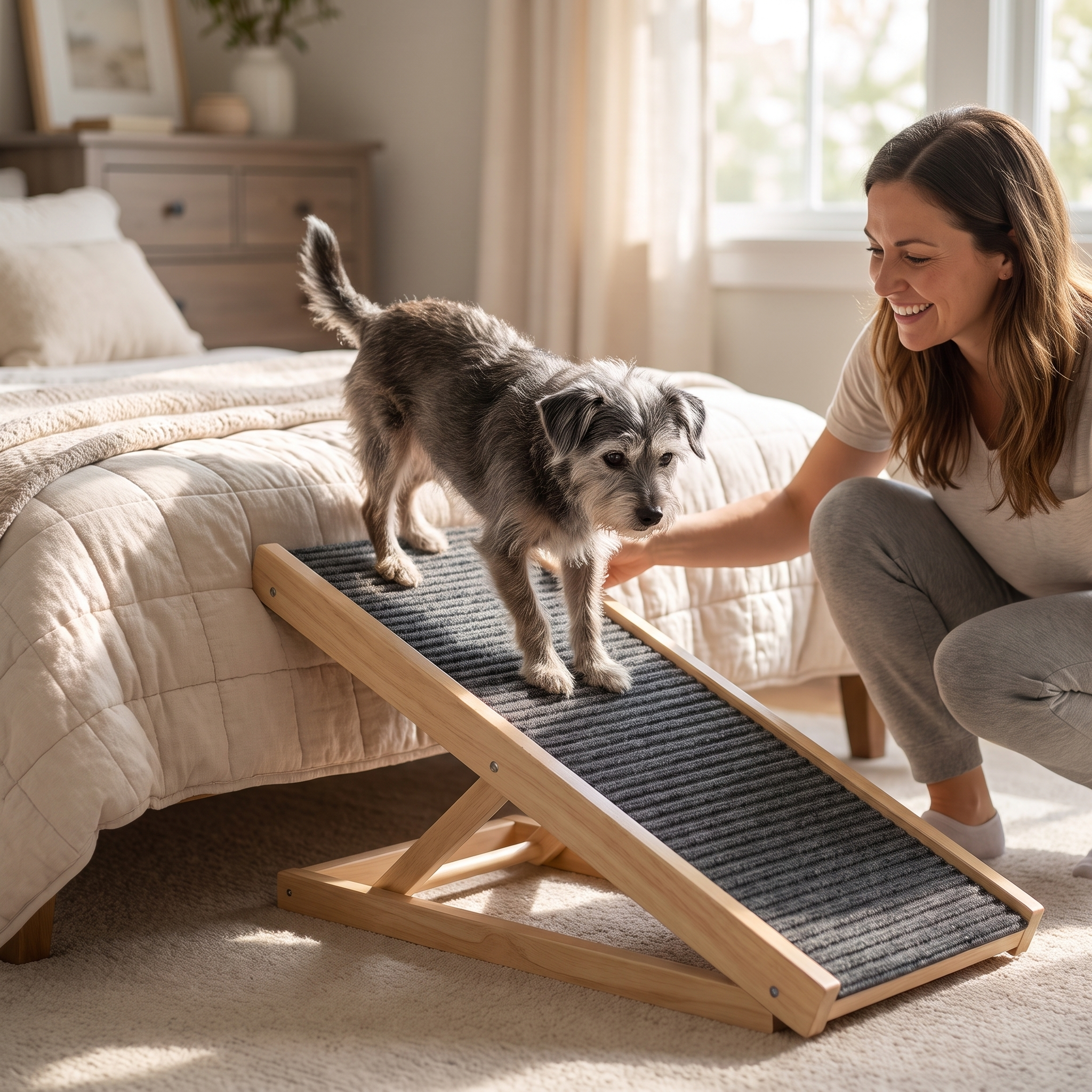 Senior dog using the Amble folding dog ramp to reach the bed