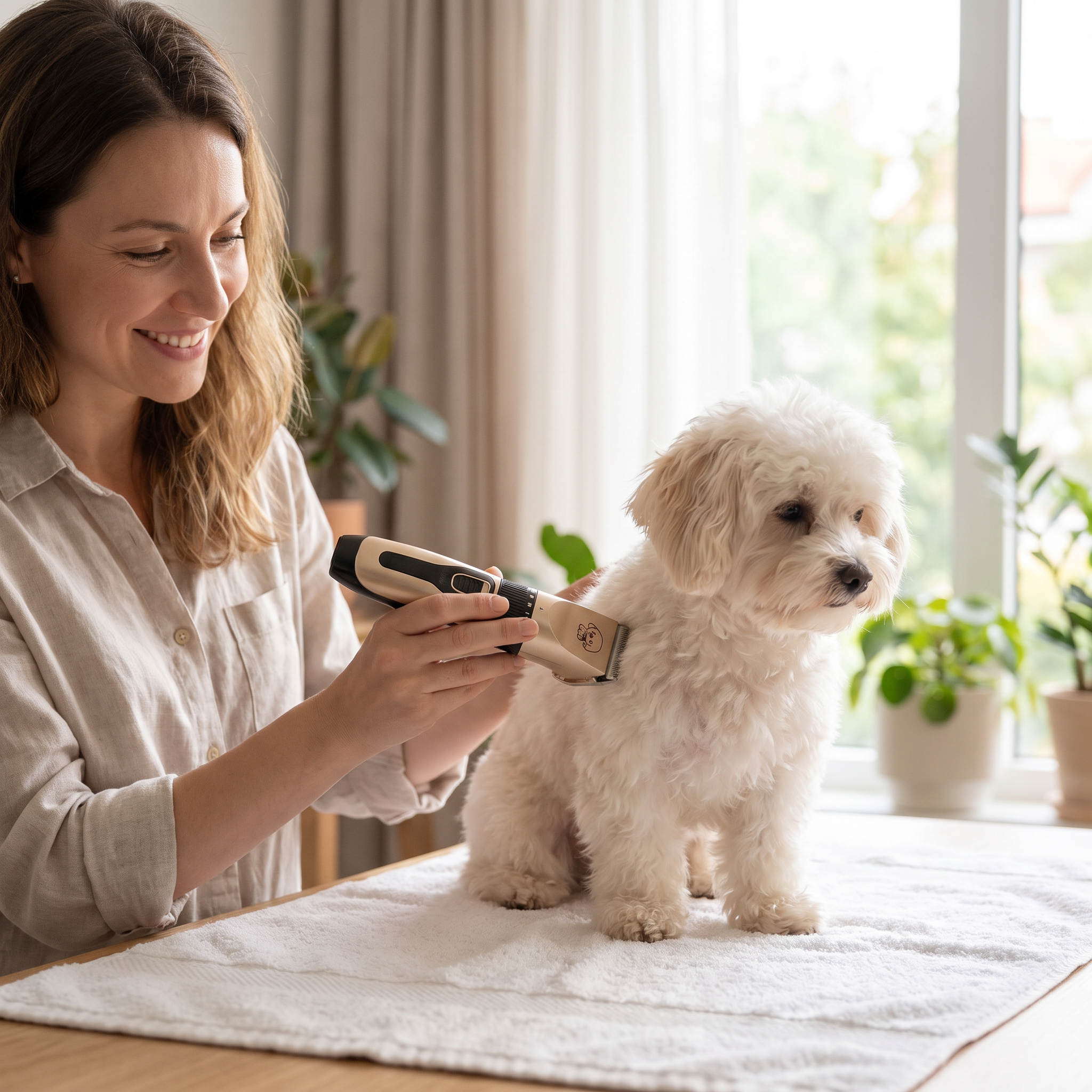 Woman trimming her fluffy dog's coat with the Buzz cordless dog clipper