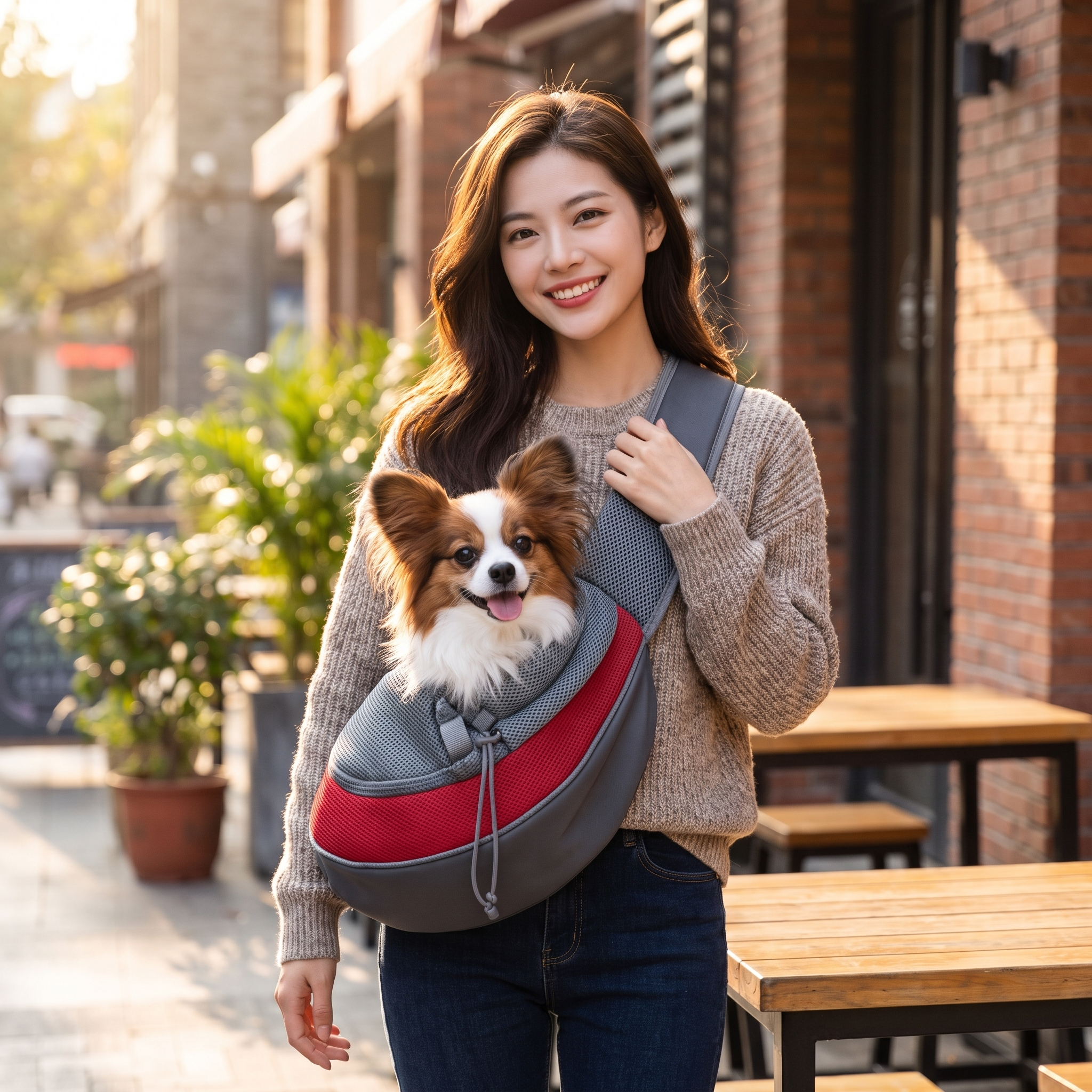 Woman at a cafe with her dog riding in the Ranger dog sling carrier