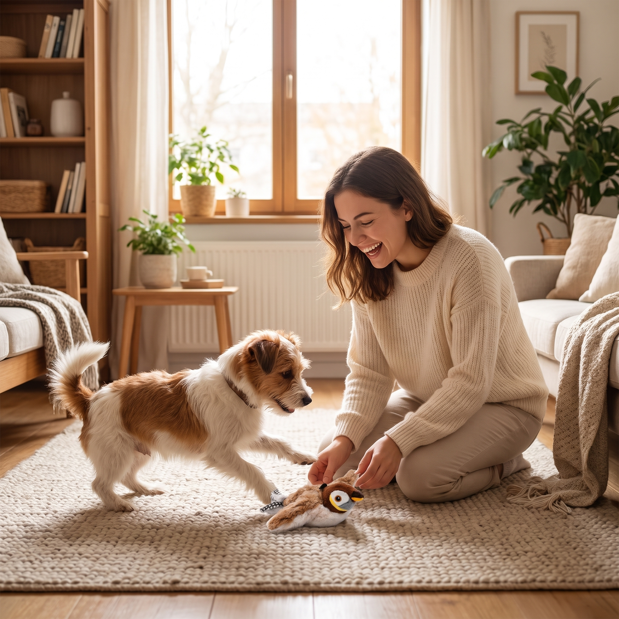 Woman playing with her dog and the Flit chirping bird toy in a bright living room