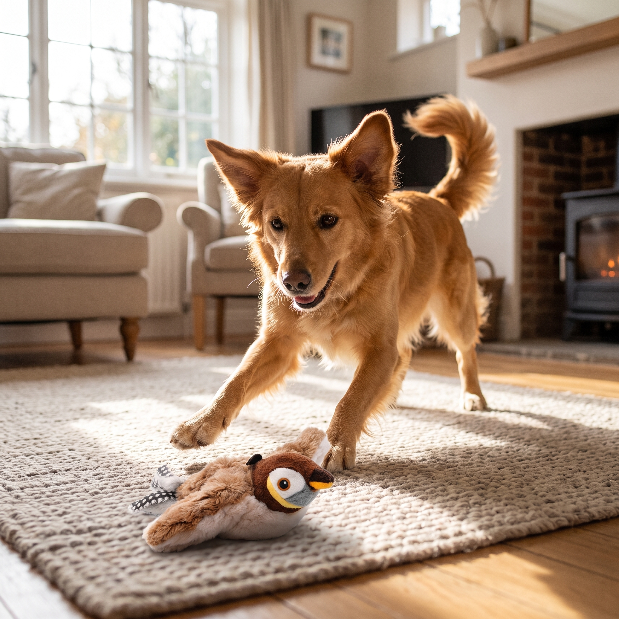 Golden dog pouncing on the Flit chirping bird toy on a rug
