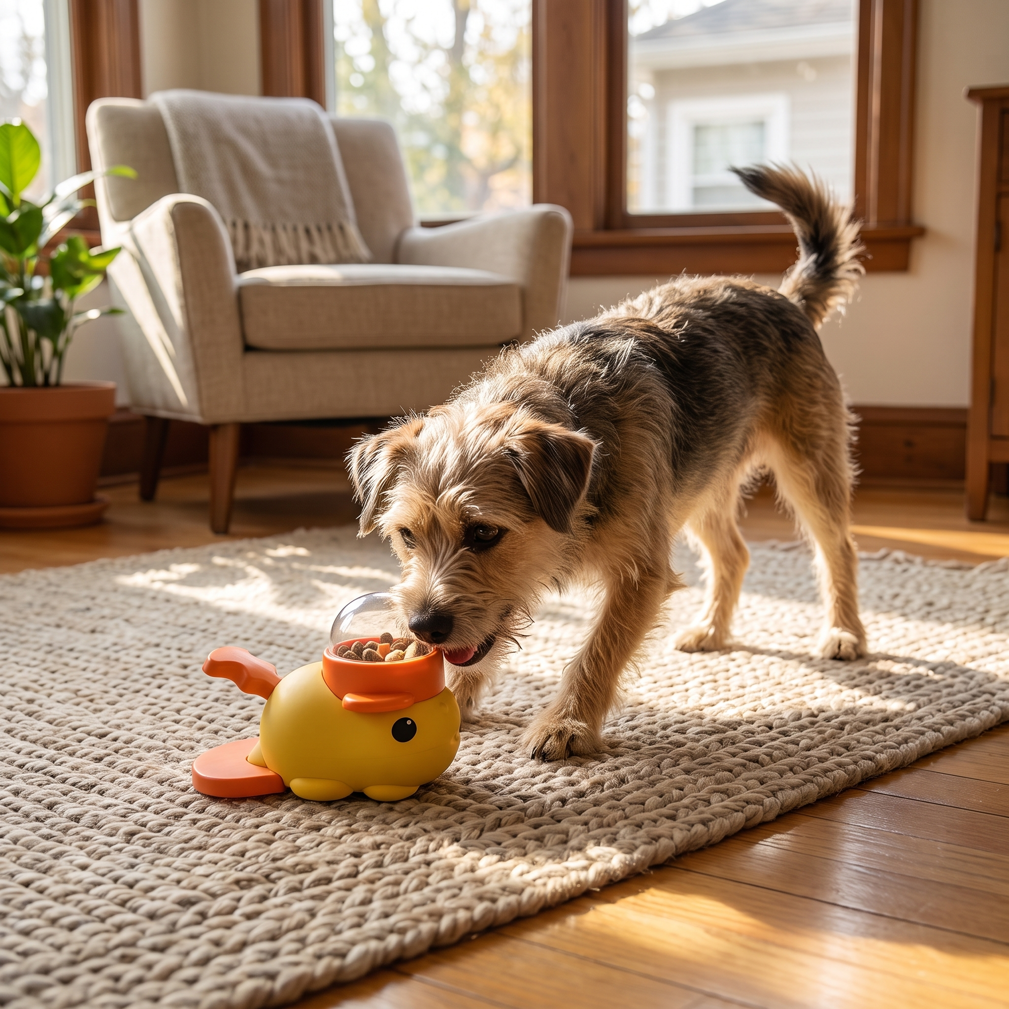 Dog nosing the yellow Dabble treat dispenser on a rug