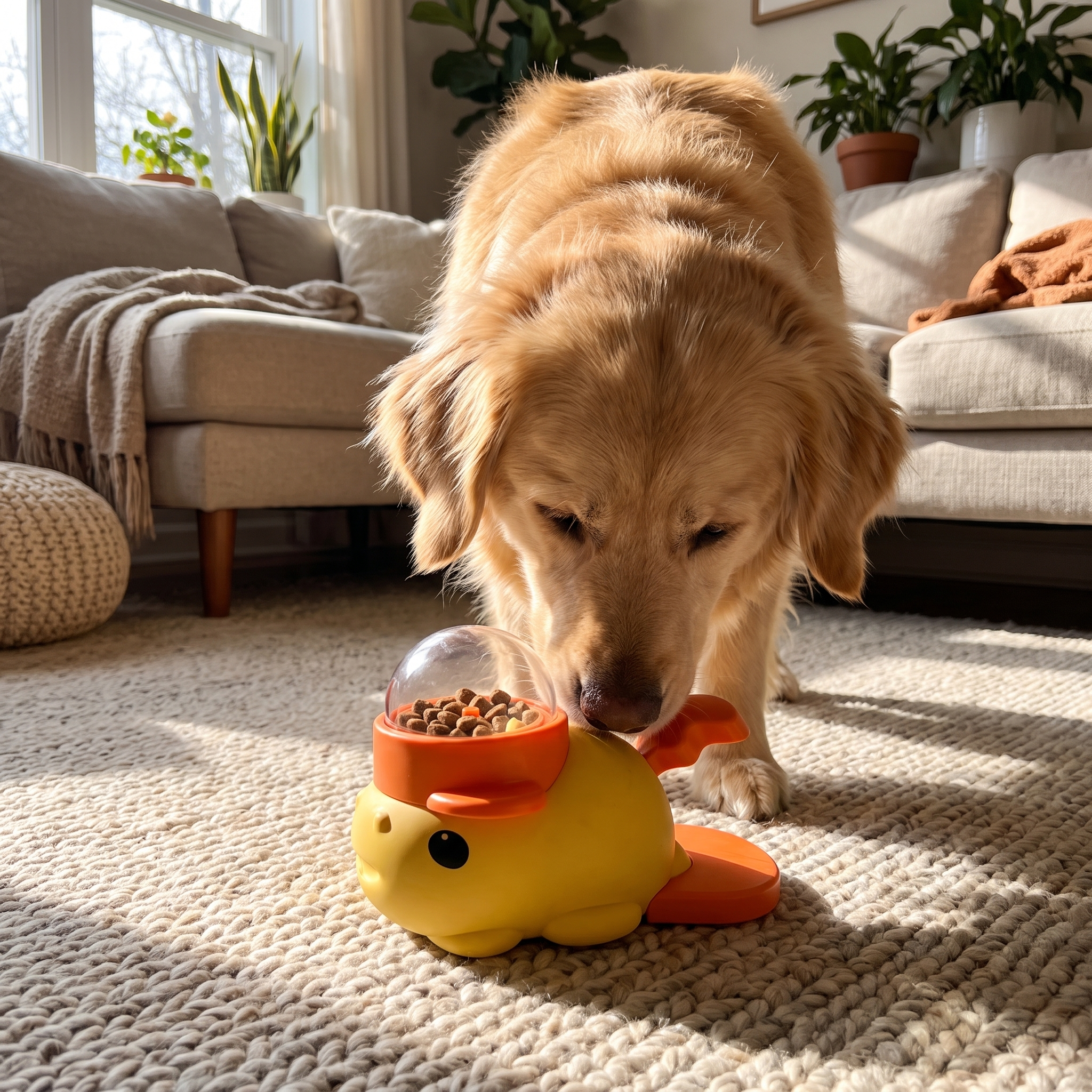 Close-up of a dog nosing the yellow Dabble treat dispenser