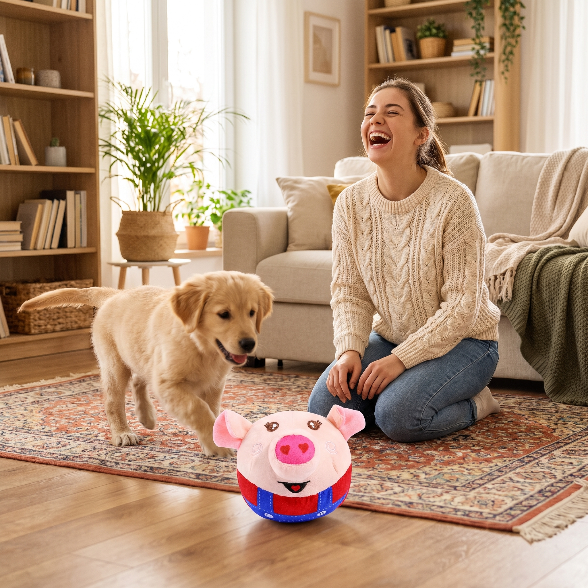 Woman and golden puppy playing with the Bounce pig-design rolling dog ball