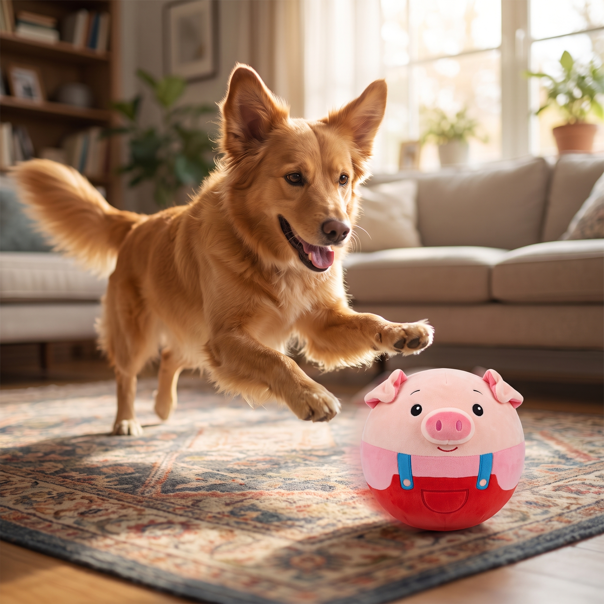 Golden retriever chasing the Bounce rolling dog ball