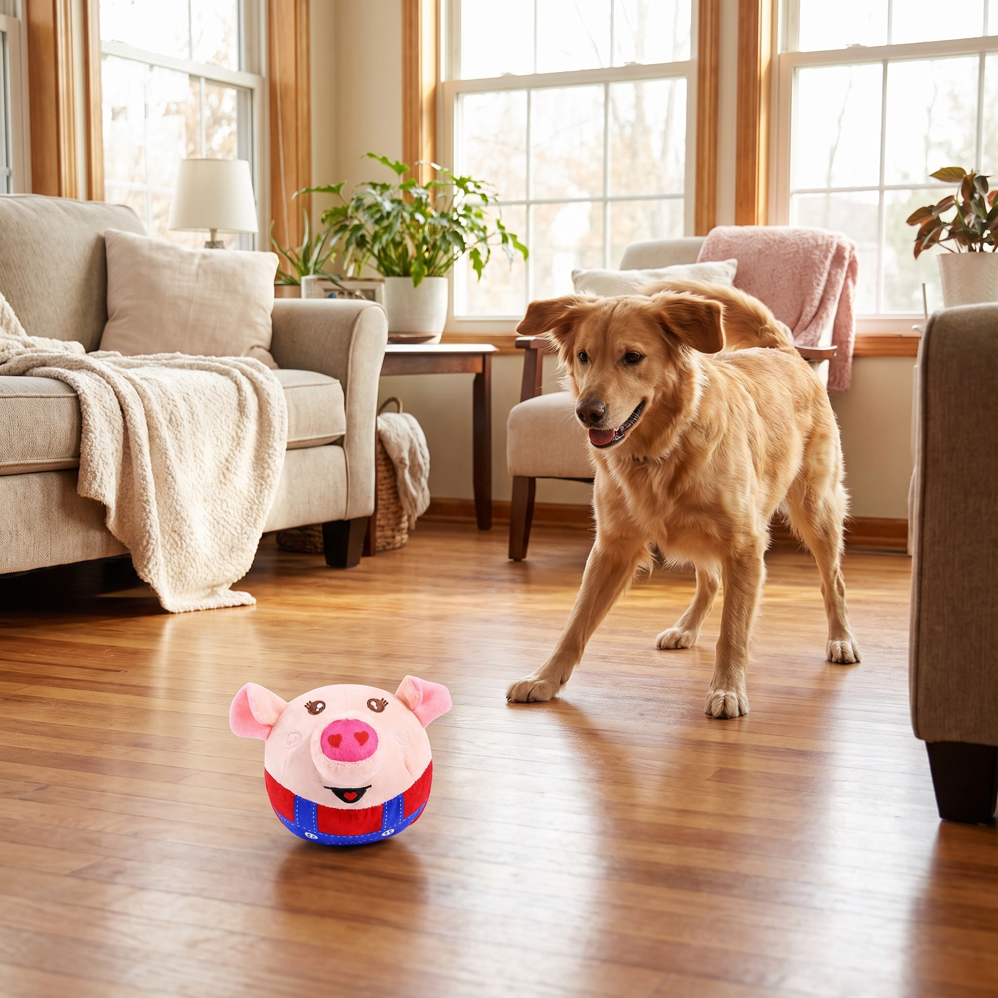 Dog ready to chase the Bounce rolling dog ball across the room