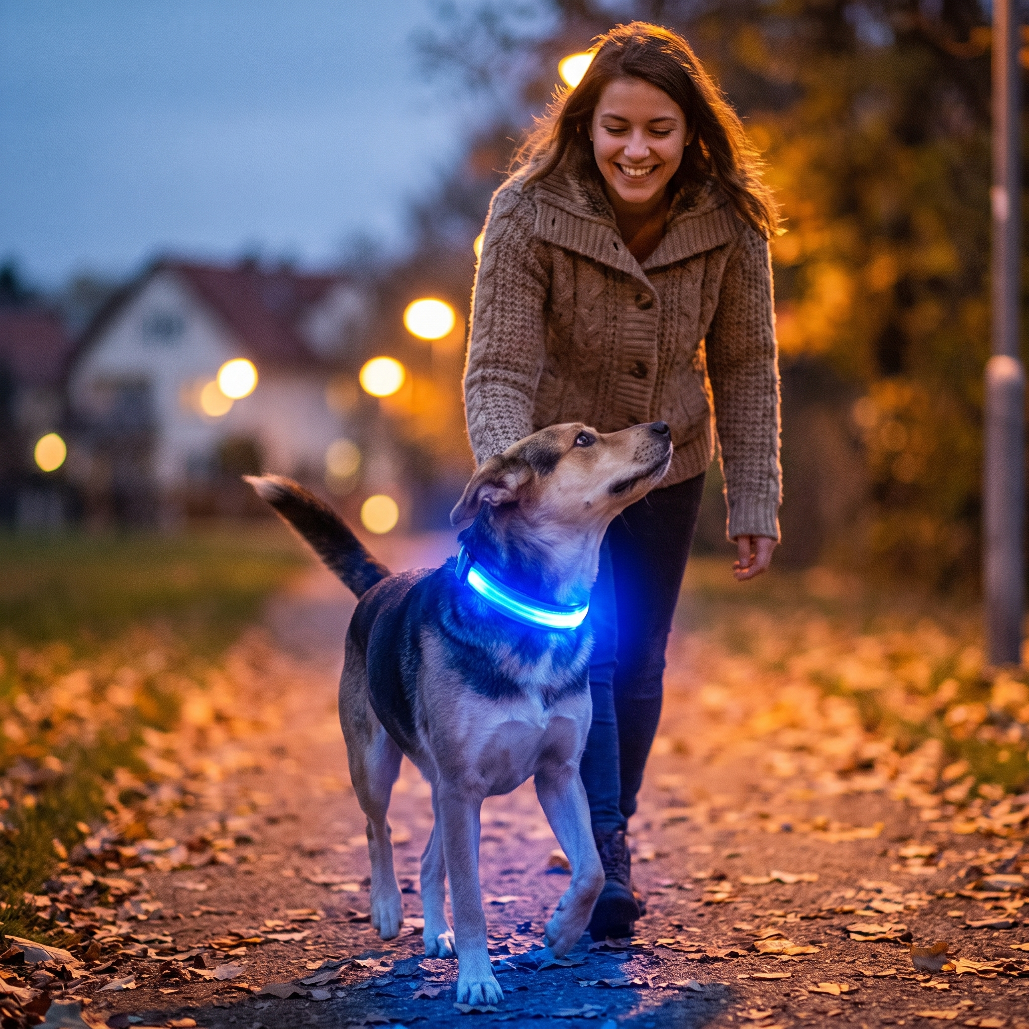 Woman walking her dog wearing a glowing blue Glimmer LED collar at dusk