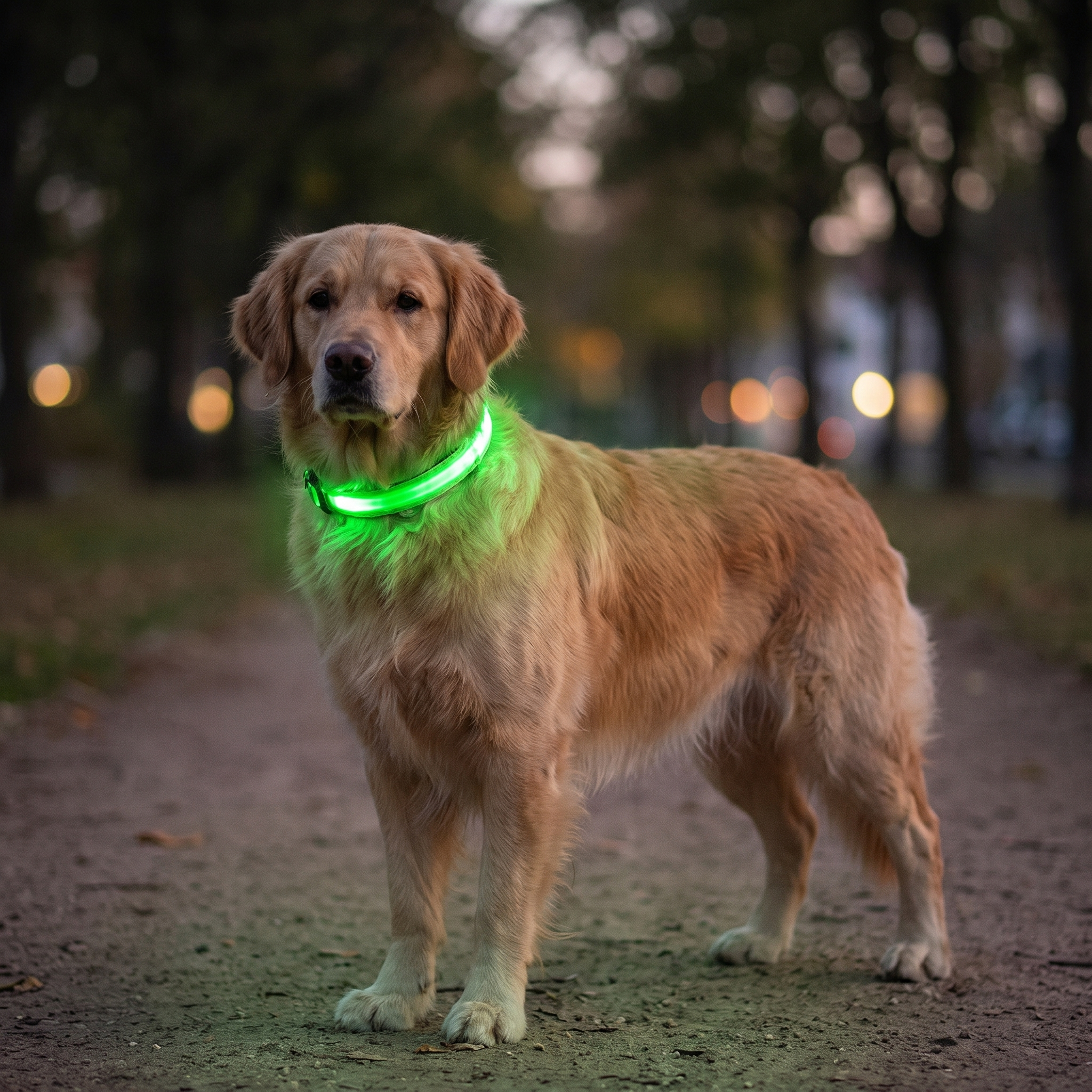Dog wearing a glowing green Glimmer LED collar at dusk