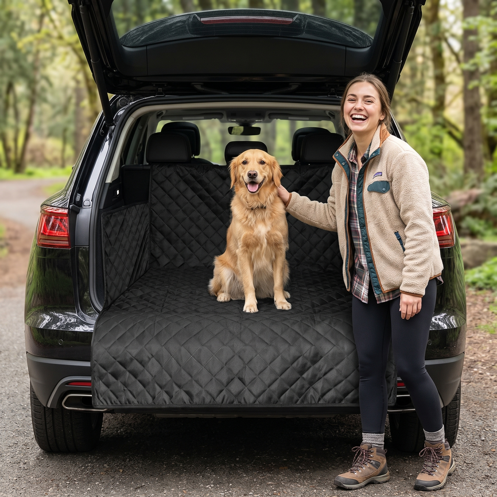 Woman and her dog at the SUV tailgate with the Roadie waterproof cargo liner