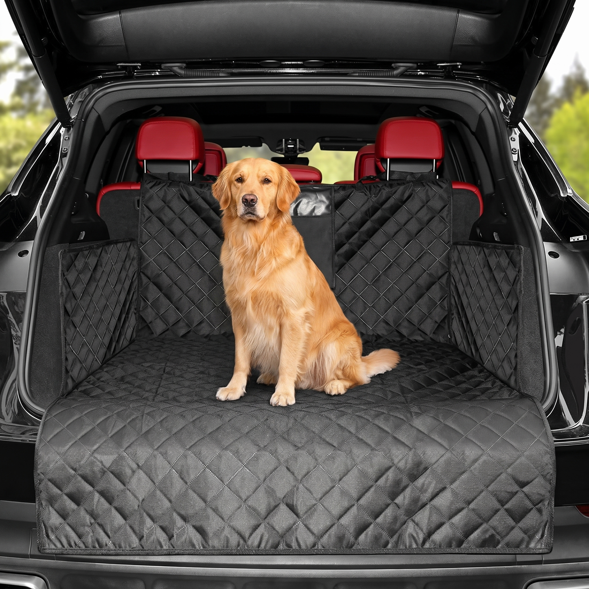 Golden retriever sitting on the Roadie waterproof SUV cargo liner