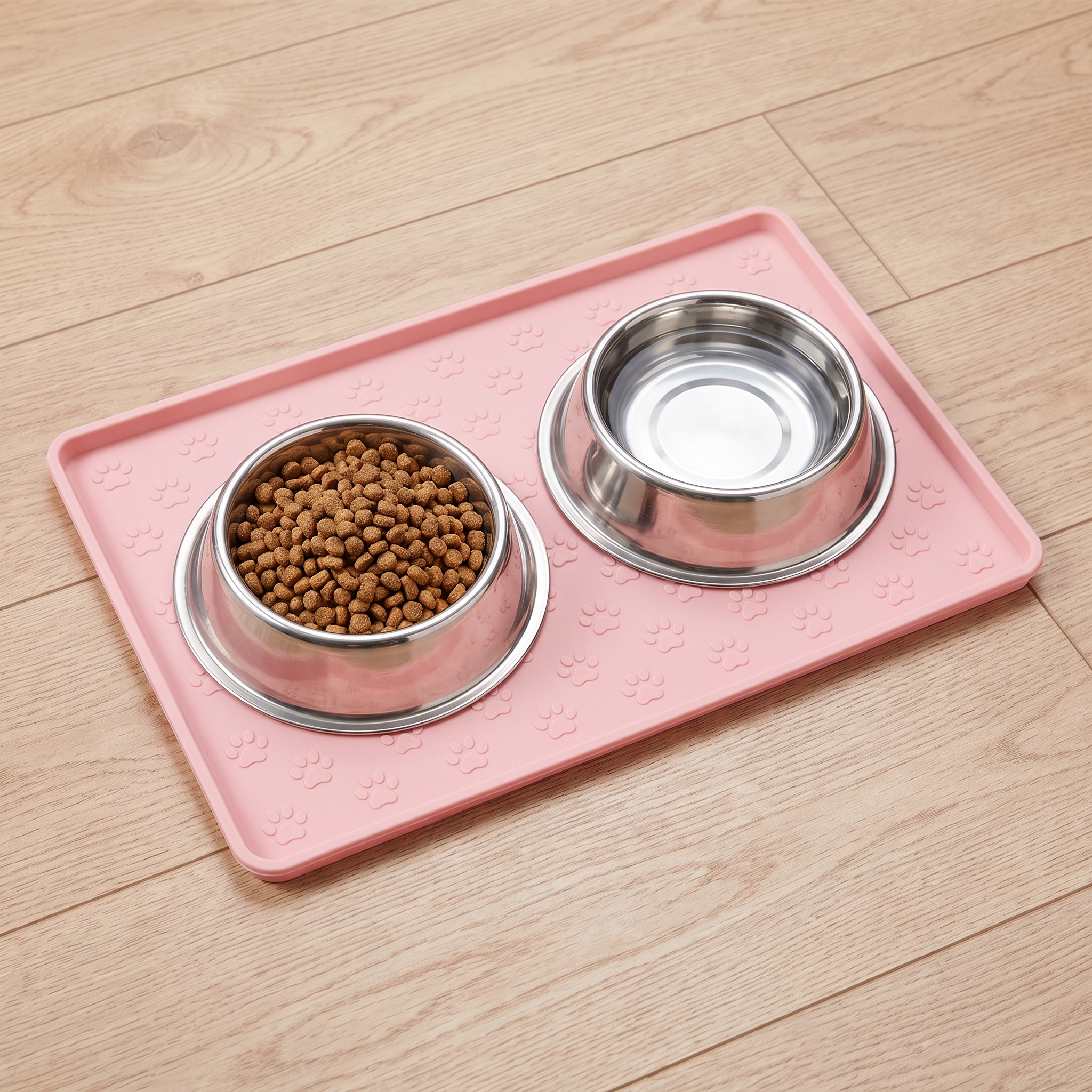 Nosh silicone dog feeding mat in pink with two bowls