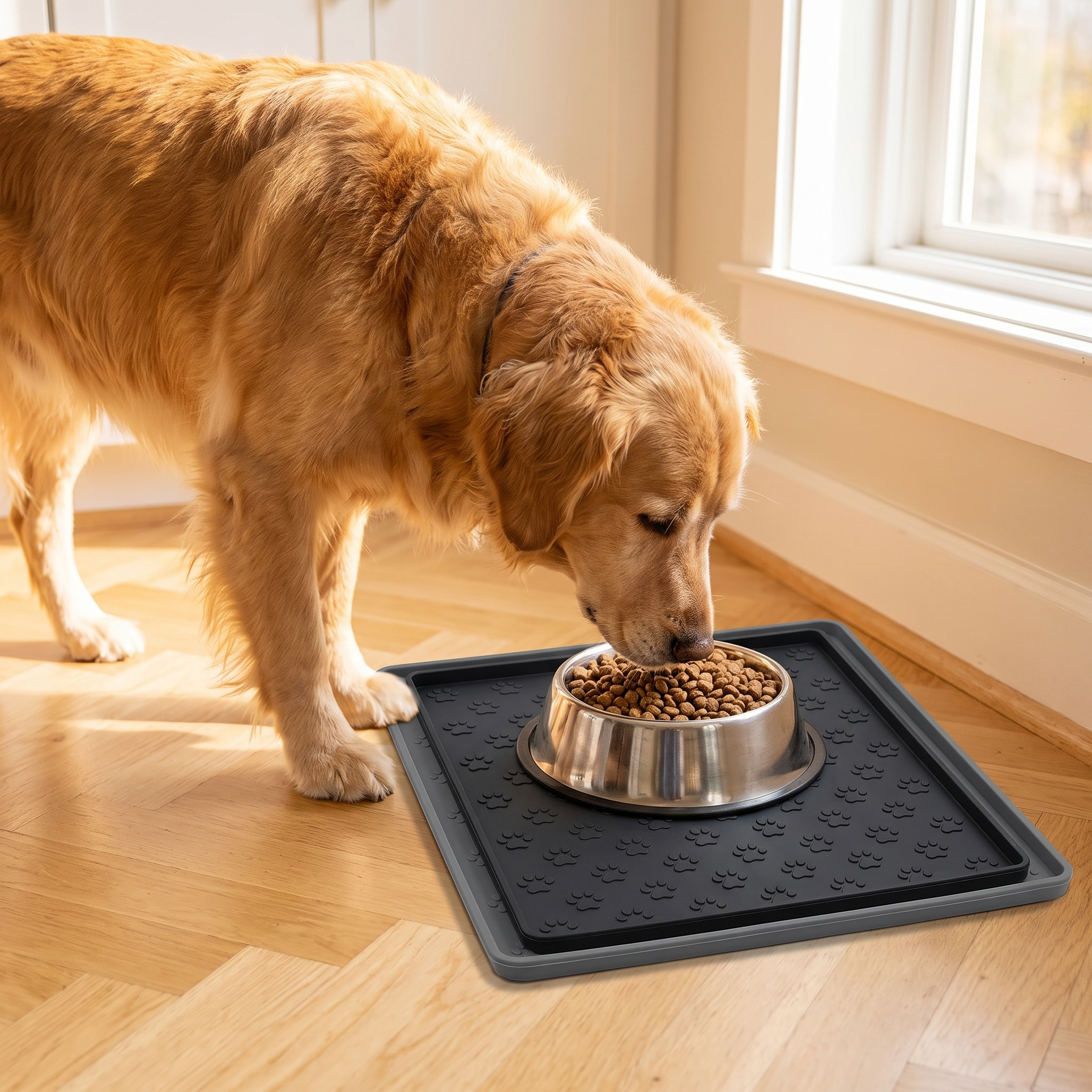 Golden retriever eating from a bowl on the grey Nosh feeding mat