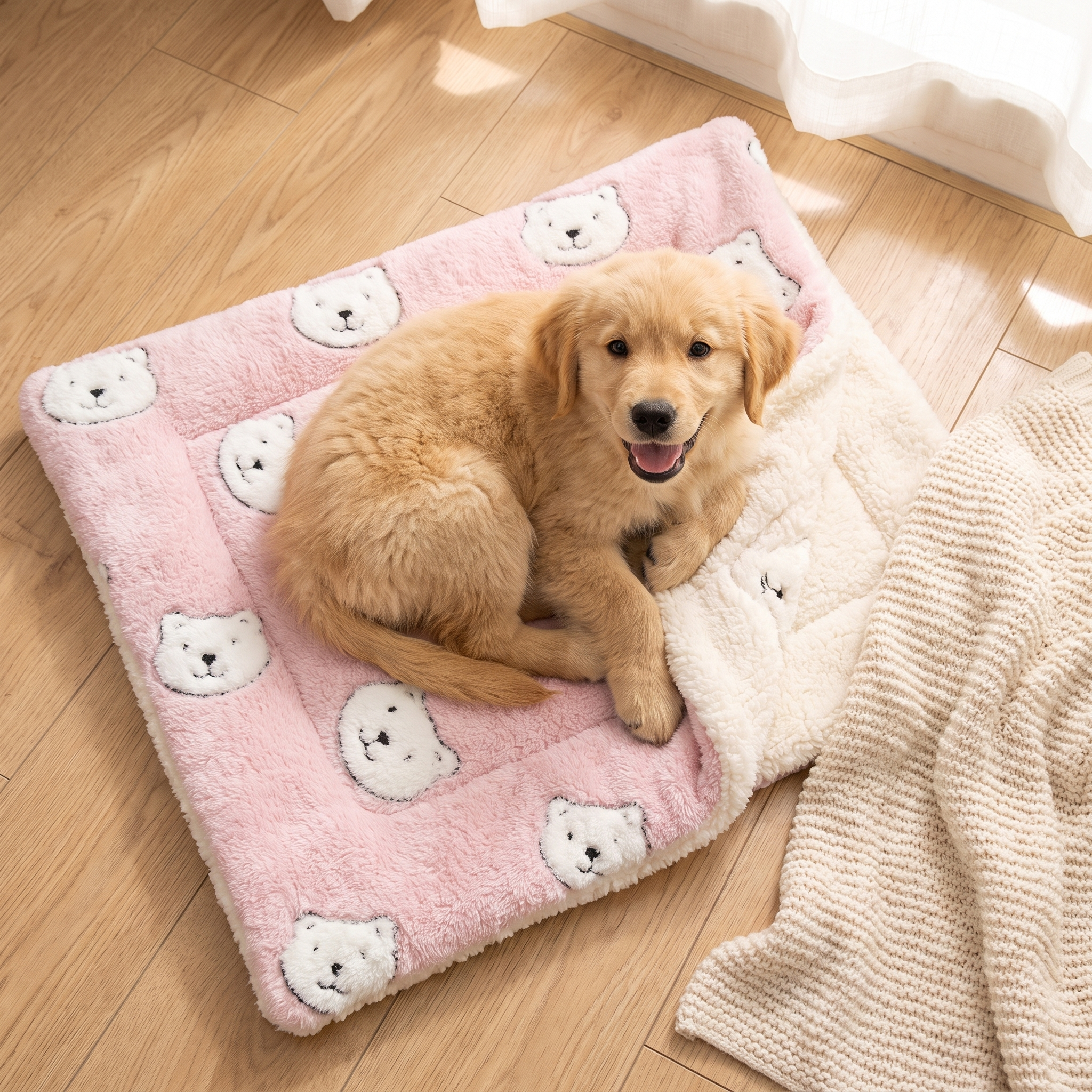 Dog nestled on the pink teddy-bear print Doze plush bed mat