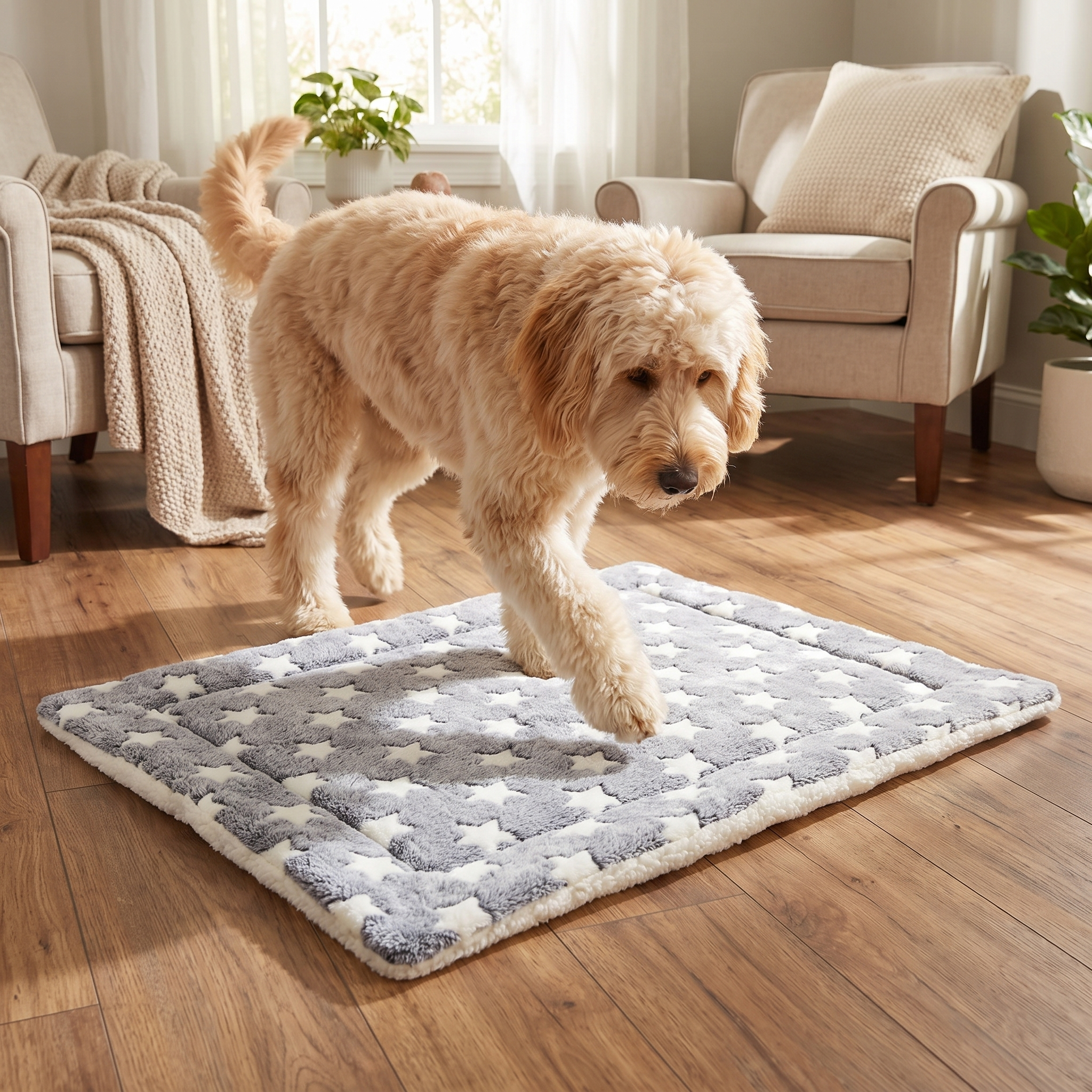 Dog stepping onto the grey star Doze plush bed mat