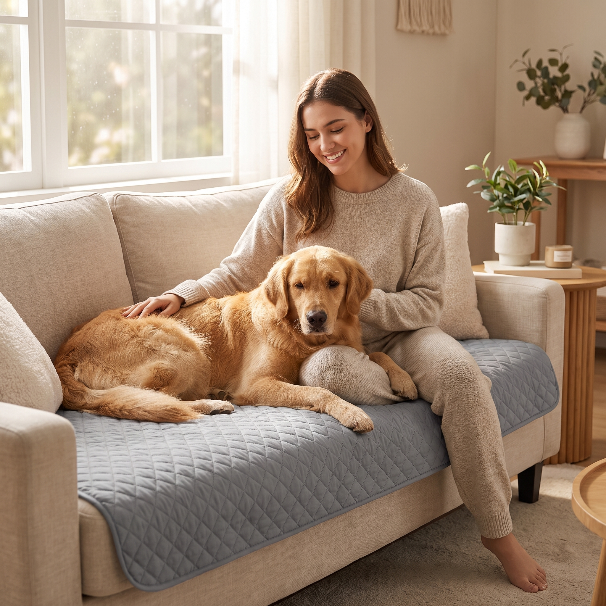 Woman relaxing on the sofa with her dog on the grey Snug couch blanket