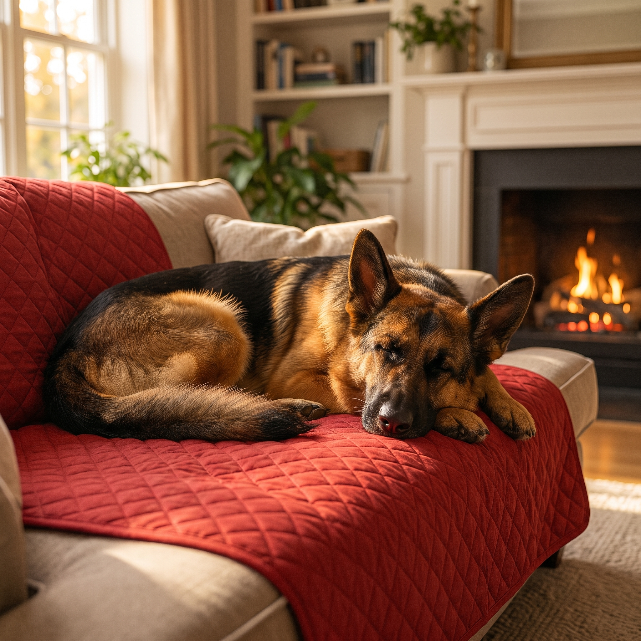 Dog resting on the red Snug couch blanket by the fireplace