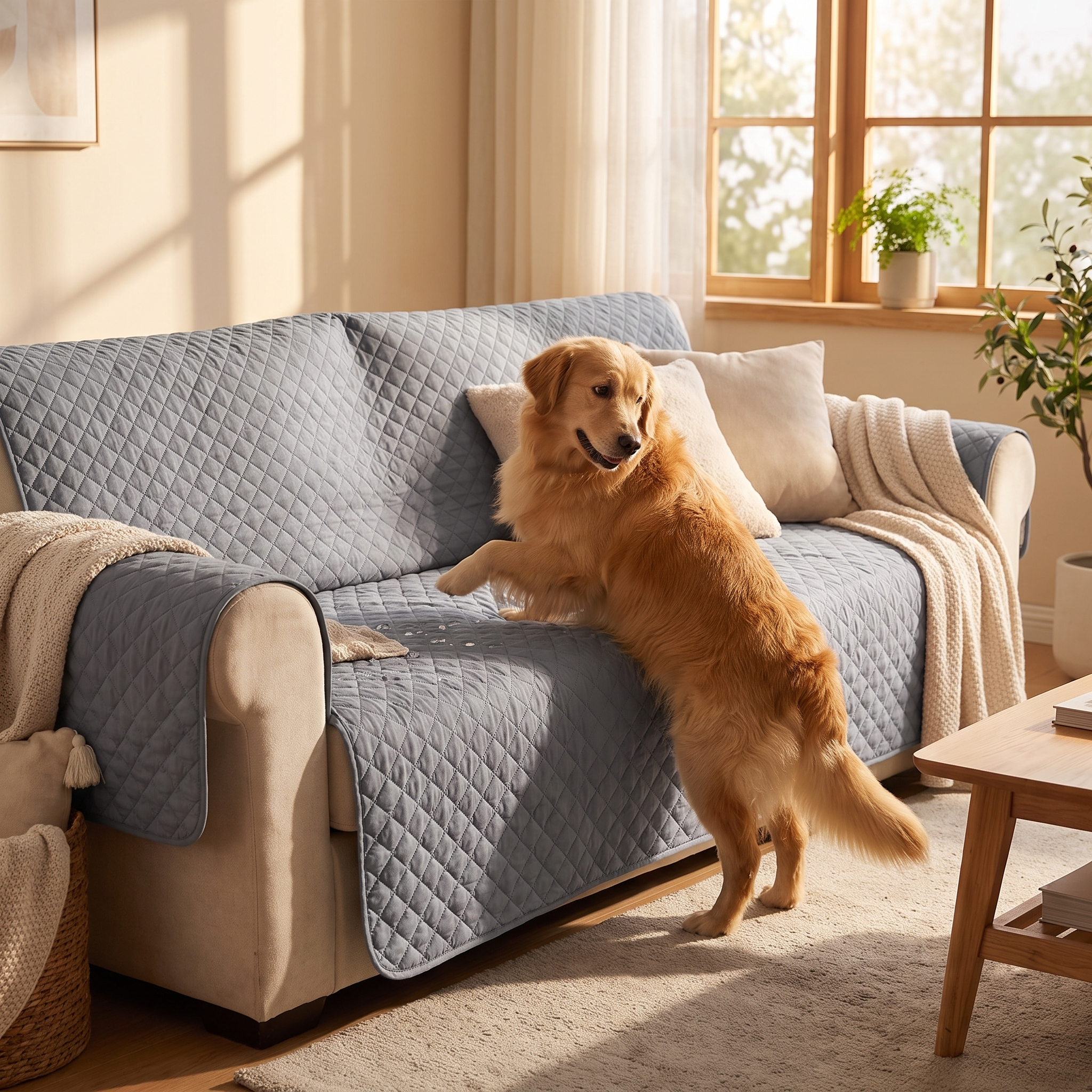 Dog stepping onto the grey Snug blanket-draped sofa