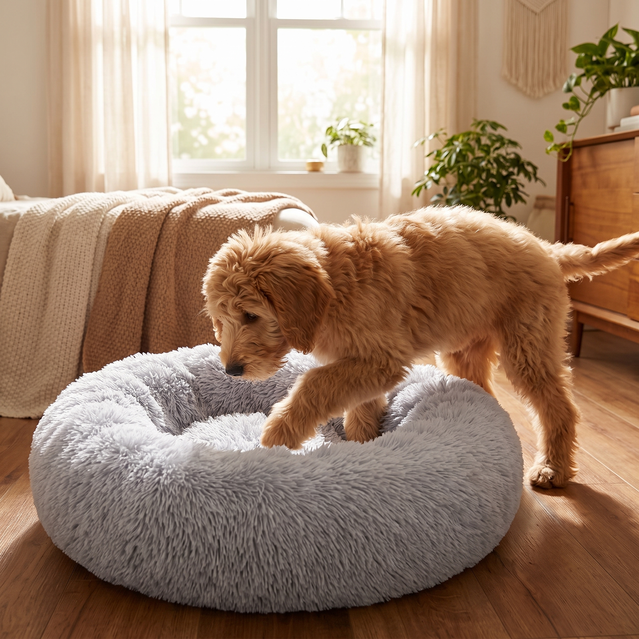Dog stepping into the grey Cloud calming donut dog bed